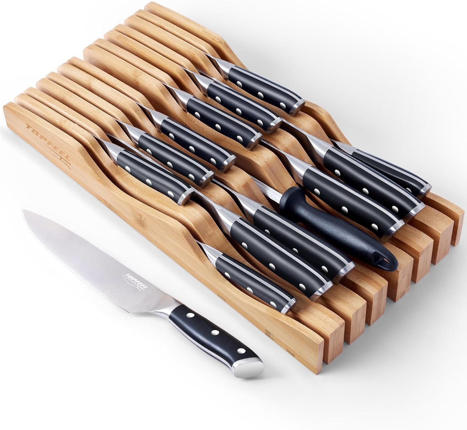 14 Pcs Kitchen Knife Set with In-Drawer Bamboo Knife Organizer- 7 Chef Knives,6 Serrated Steak Knives,Knife Sharpener,Ultra Sharp Chef Knife Set with Full-Tang Design