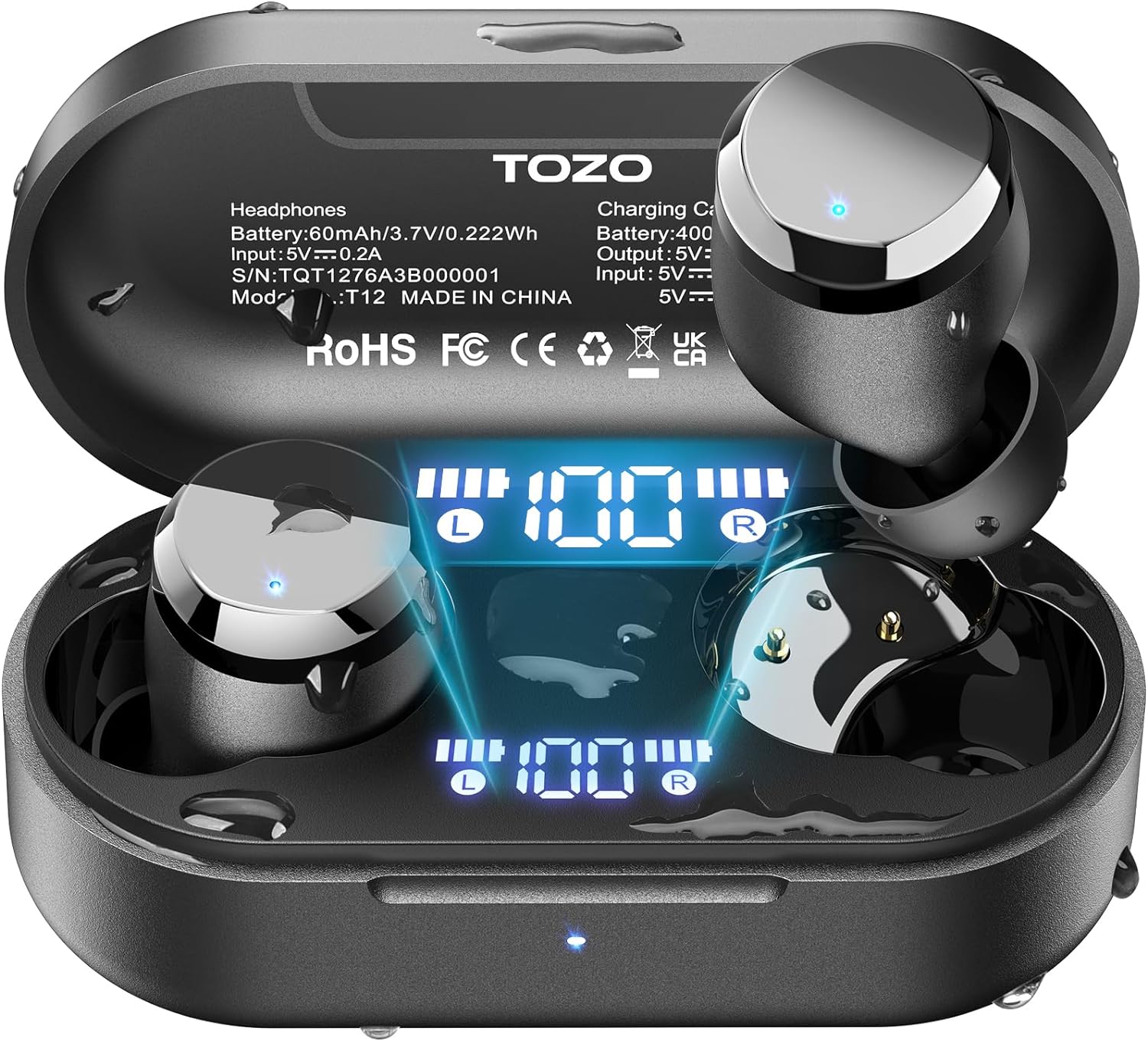 TOZO Tonal Dots (T12) Wireless Earbuds Bluetooth 5.3 Headphones Built-in ENC Noise Cancelling Mic, 55 Hrs Playtime App Customize EQ IPX8 Waterproof LED Digital Display Premium Sound Headset Black