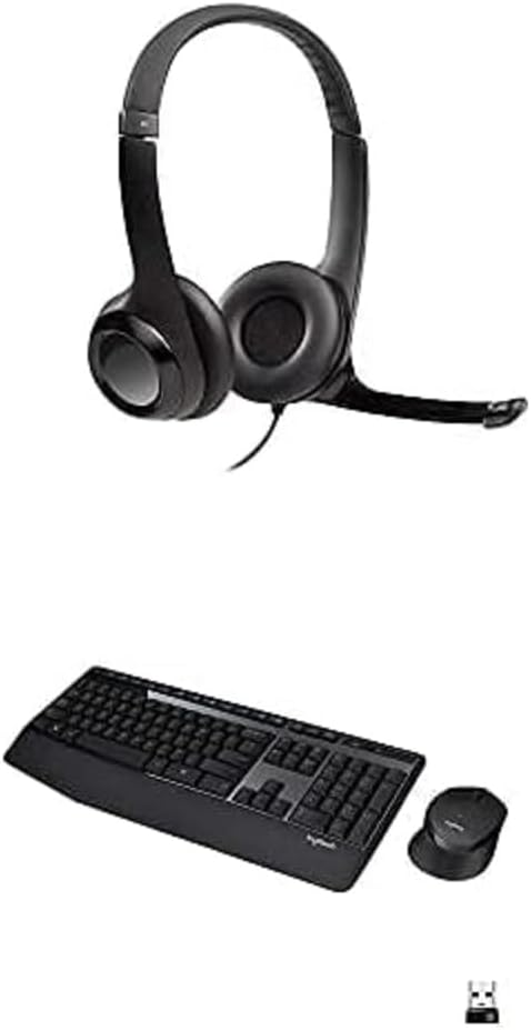 Logitech USB Headset H390 with Noise Cancelling Mic and MK345 Wireless Combo  Full-Sized Keyboard with Palm Rest and Comfortable Right-Handed Mouse