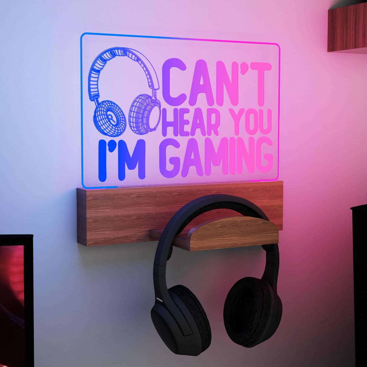 YuanDian Light up Headset Stand Wall Mount, Wooden Acrylic Holder for Headphone Display with Blue Pink LED Night Light for Gamers, Men, and Music Lovers - Perfect Desk Gift Idea