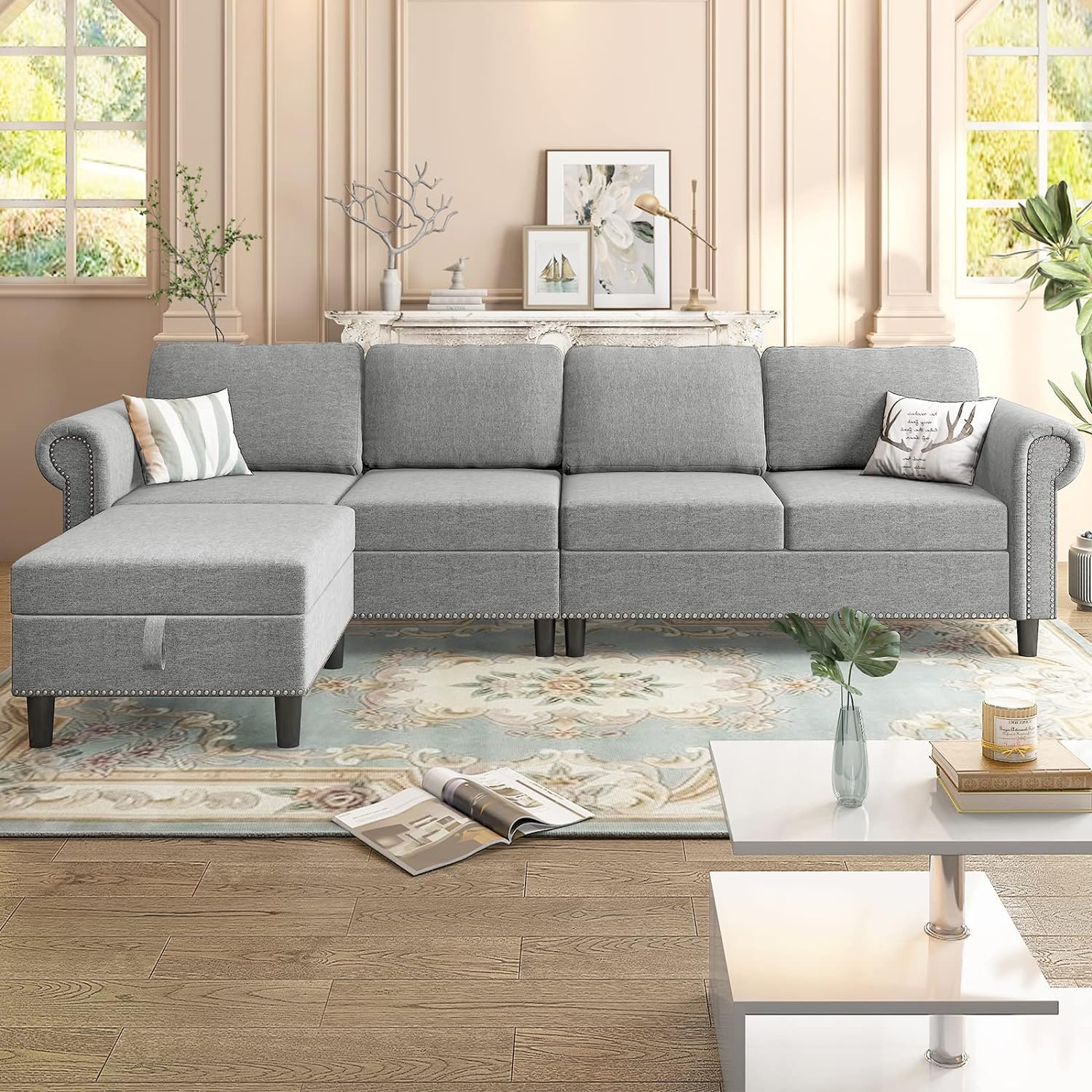 BALUS L Shaped Couch for Living Room, 4-Seat Convertible Sectional Sofa with Reversible Chaise, Modular Sectional Couch with Ottoman, Modern Corner Sofa Furniture Settee with Pouf