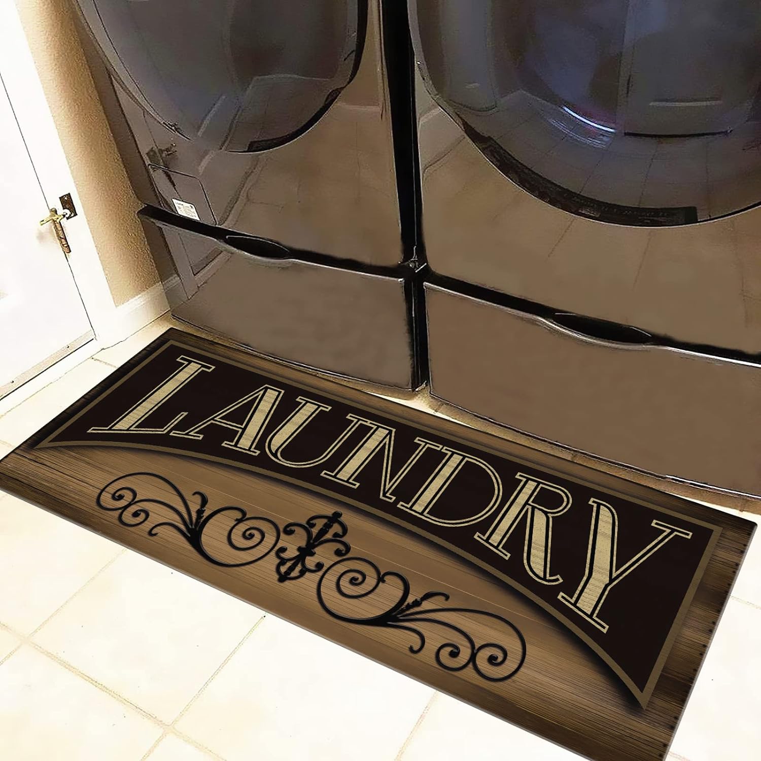 This mat for my laundry room is absolutely beautiful!! The colors are rich. The wood print looks like real wood. And its nice and soft to stand on.