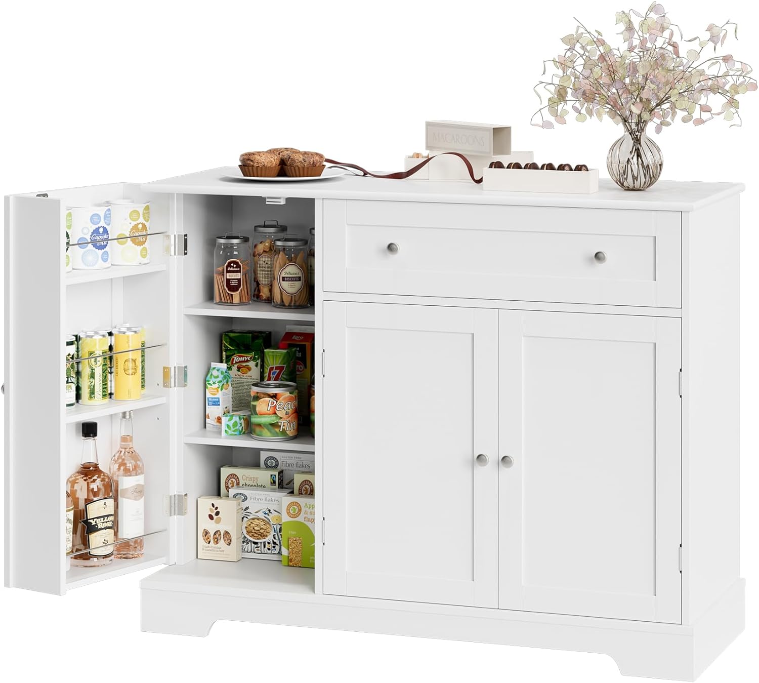 HOSTACK Buffet Cabinet with Storage, Modern Sideboard Buffet with Doors, Wood Coffee Bar Kitchen Storage Cabinet with Drawer and Adjustable Shelf for Kitchen, Dining Room, Living Room, White