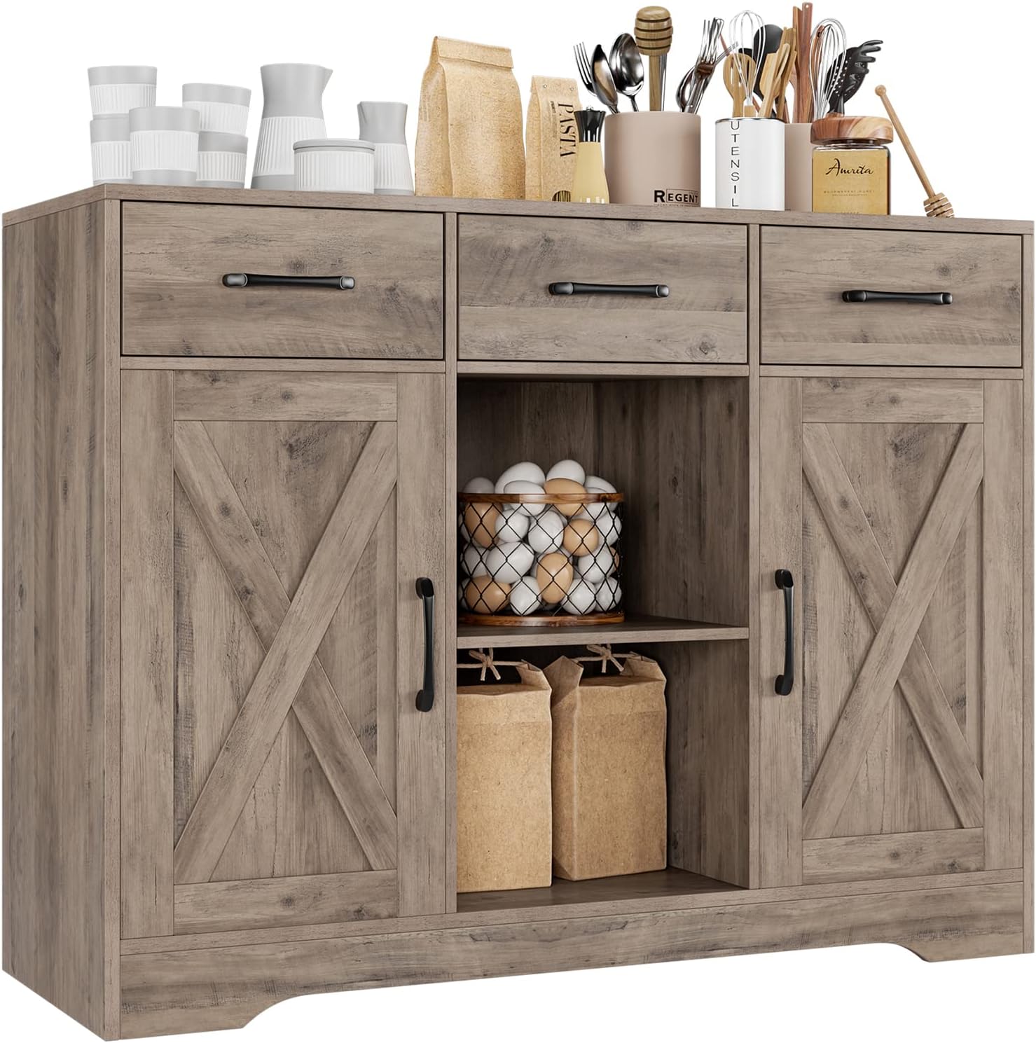 HOSTACK Modern Farmhouse Buffet Storage Cabinet, Barn Doors Wood Sideboard with Drawers and Shelves For Coffee Bar, Kitchen, Dining Room, Living Room, Ash Grey