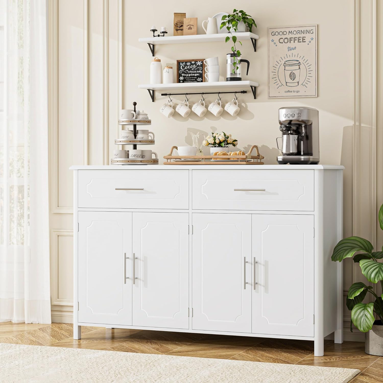 HOSATCK Buffet Sideboard Cabinet with Storage, White Coffee Bar Cabinet, Modern Kitchen Buffet Storage Cabinet with 2 Drawers & 4 Doors for Kitchen, Dining Room, Living Room, Entrway