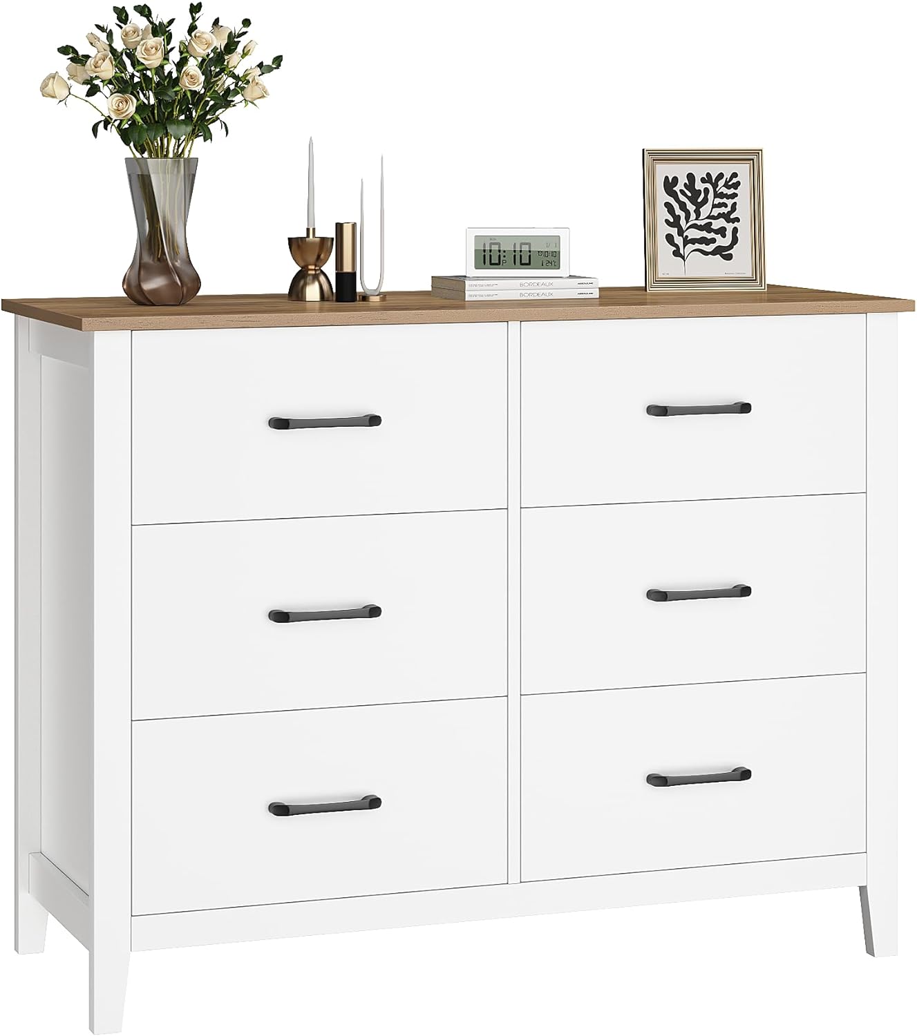 HOSTACK 6 Drawer Dresser, White Dresser, Wide Chest of Drawers, Modern Farmhouse Double Dresser with Deep Drawers, Wood Storage Dresser Chest for Living Room, Entryway, Hallway, White/Rustic Brown