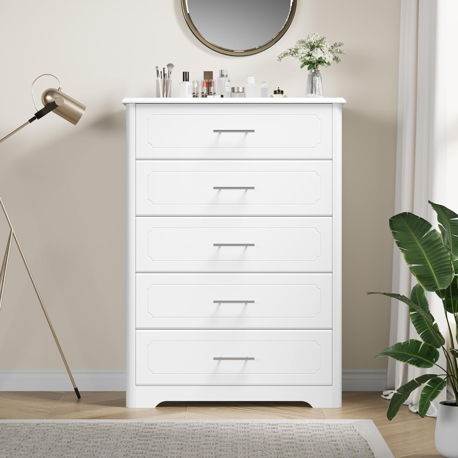 HOSTACK 5 Drawer Dresser, Tall White Dresser Chest of Drawers, Modern Storage Cabinet with Metal Handles, Wood Vertical Dresser Organizer for Living Room, Hallway, Entryway, Home Office, White