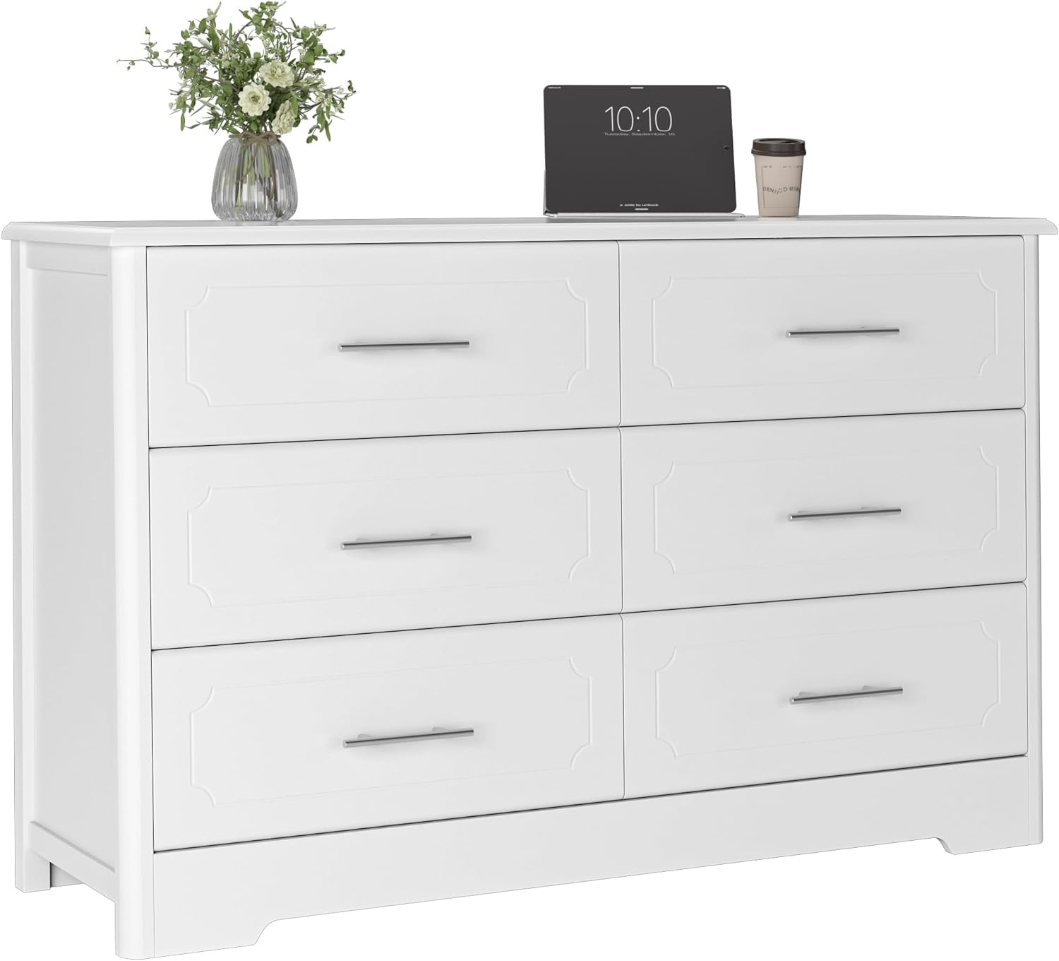 HOSATCK 6 Drawer Dresser, Modern White Wide Chest of Drawers with Metal Handels, Wood Double Dresser, Storage Chest Organizers for Living Room, Hallway, Entryway, White