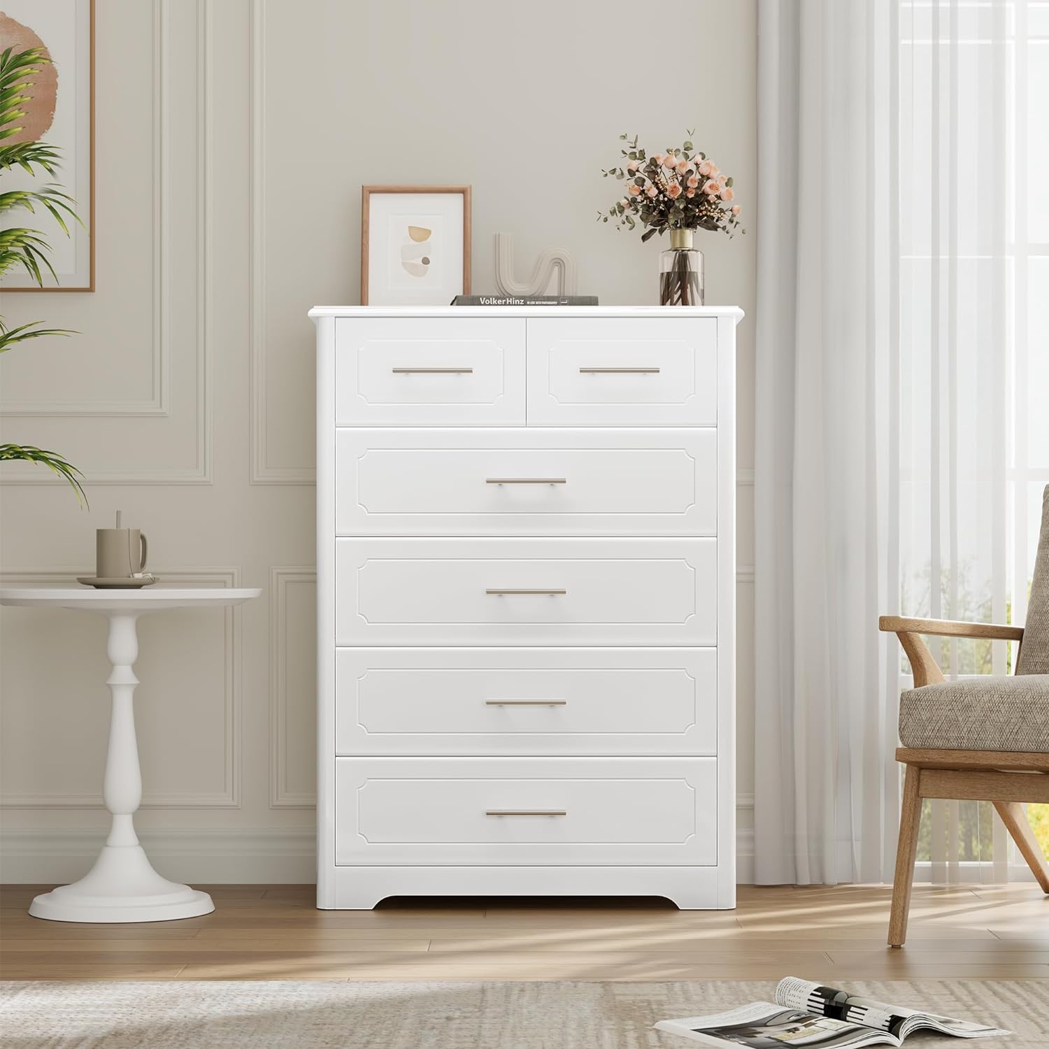 HOSTACK Modern 6 Drawer Dresser, White Chest of Drawers with Storage, Wood Storage Chest Organizers with Metal Handles, Vertical Storage Cabinet for Living Room, Entryway, Hallway, White