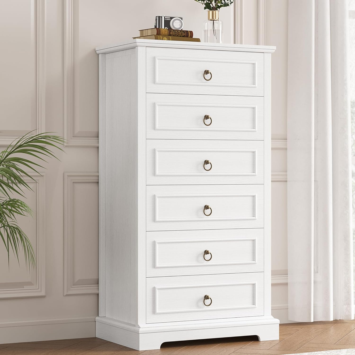 HOSTACK 6 Drawer Dresser, 52 Tall Chest of Drawers, Modern Farmhouse Storage Dressers Organizer for Living Room, Hallway, Entryway, Home Office, White