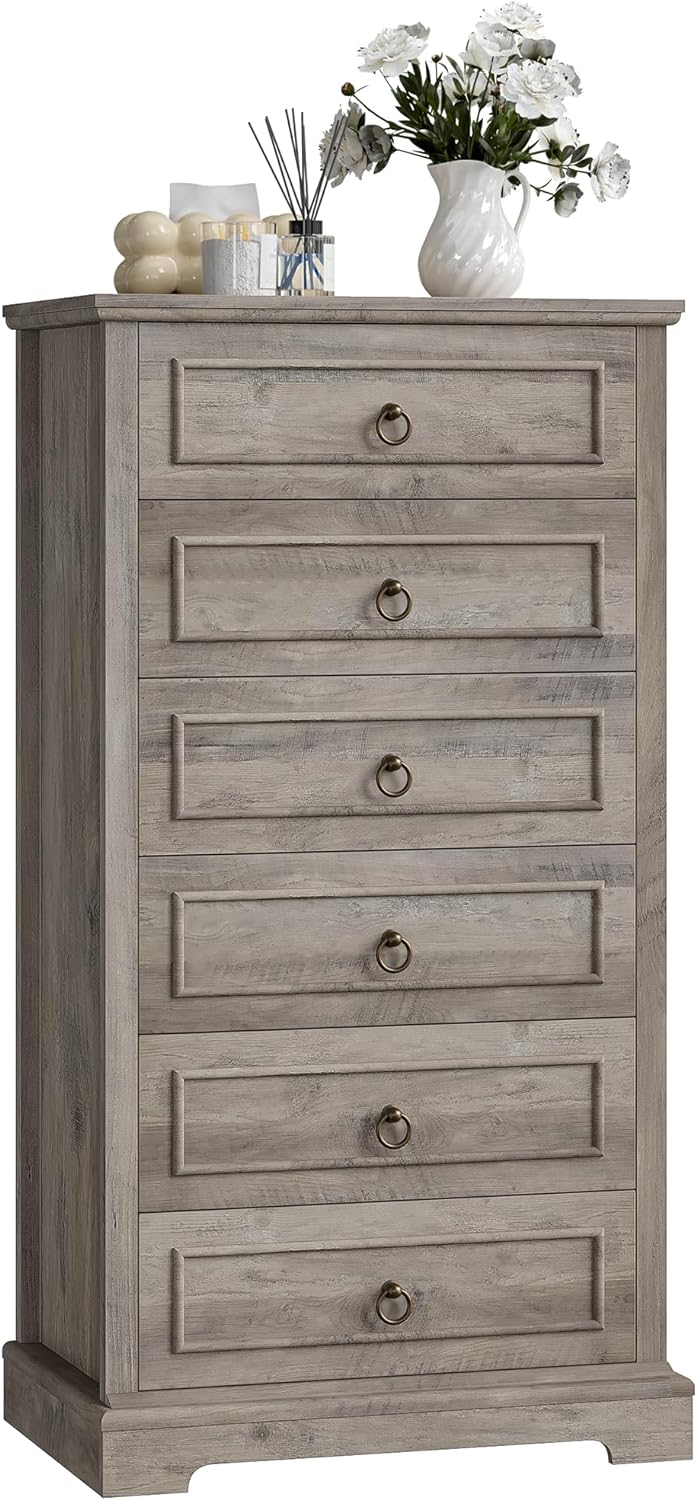 HOSTACK 6 Drawer Dresser, 52 Tall Chest of Drawers, Modern Farmhouse Storage Dressers Organizer for Living Room, Hallway, Entryway, Home Office, Ash Grey