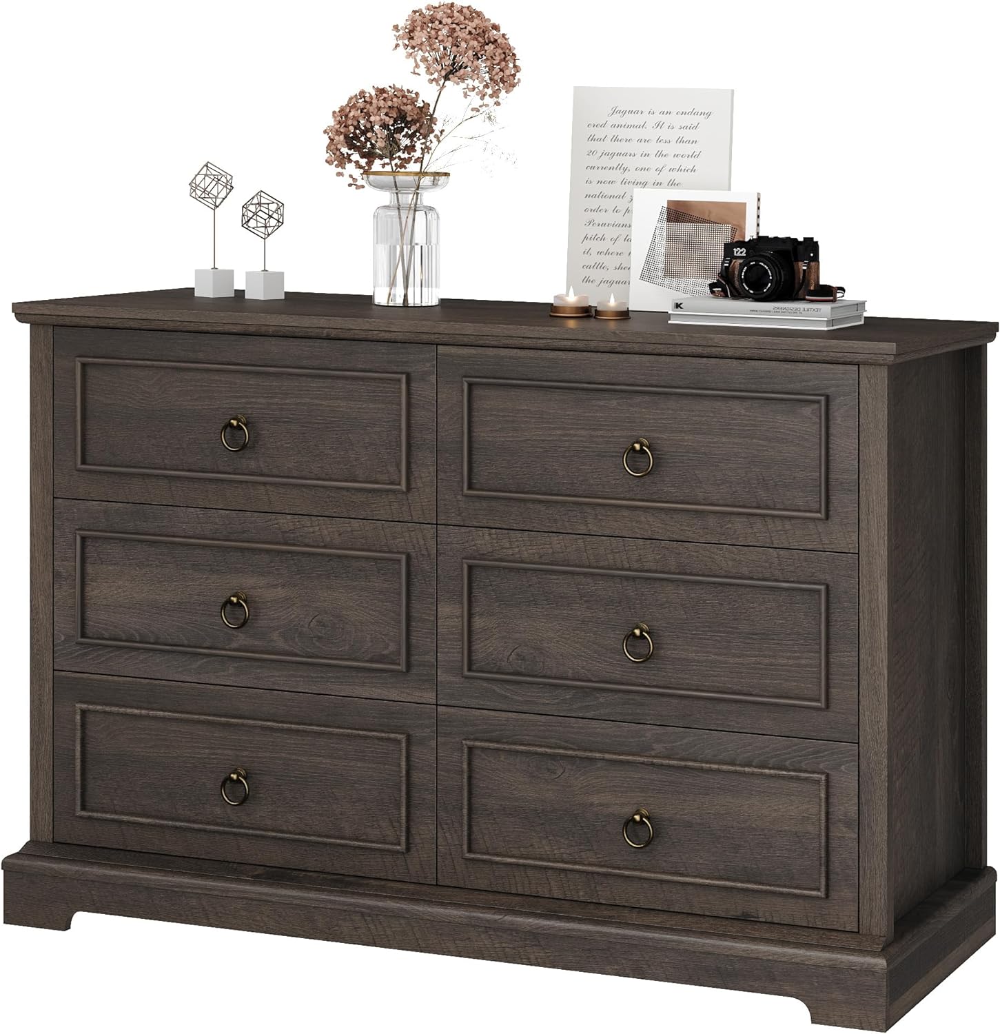 HOSTACK 6 Drawer Double Dresser, Modern Farmhouse Chest of Drawers, Wide Dressers Organizer, Accent Wood Storage Cabinet for Living Room, Hallway, Dark Brown