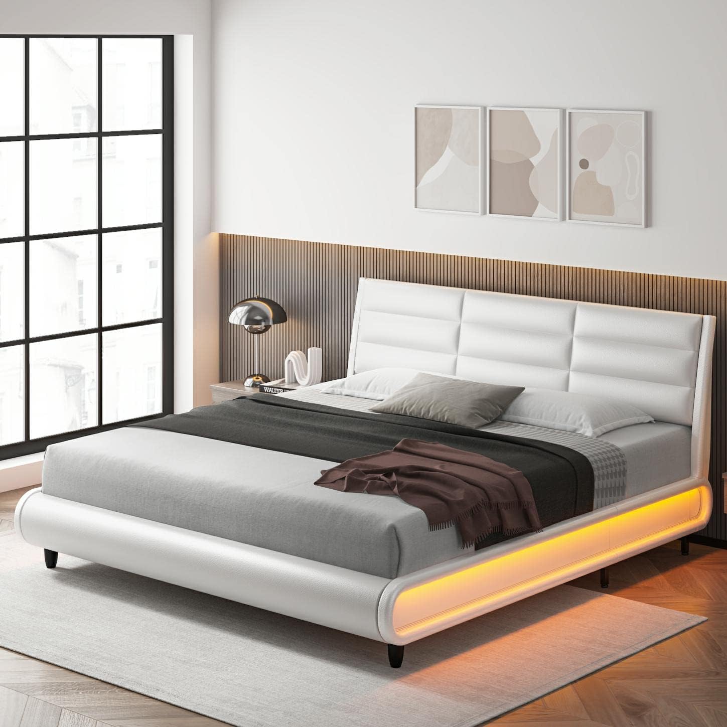 HOSTACK Upholstered Platform Bed Frame with LED Lights and Adjustable Headboard, Faux Leather Low Profile King Size Bed, Wood Slats Support, No Box Spring Needed (White,King)