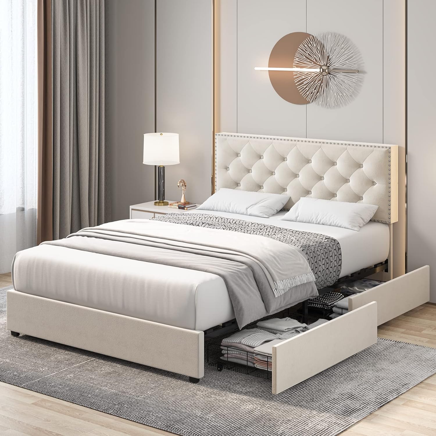 HOSTACK Full Size Bed Frame with 4 Storage Drawers, Modern Upholstered Platform Bed with Adjustable Headboard,Button Tufted Bed Frame with Wood Slat Support,No Box Spring Needed(Beige, Full)