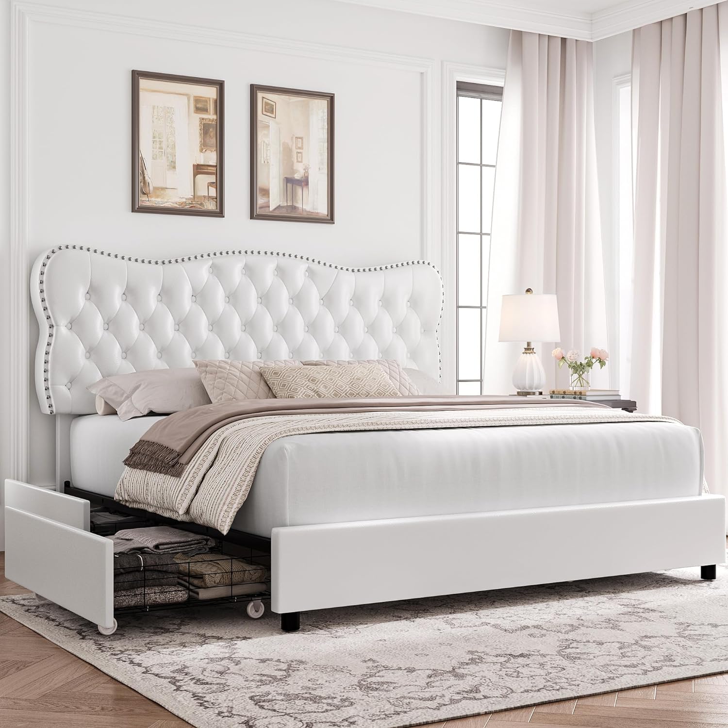 HOSTACK King Bed Frame with 4 Storage Drawers, Upholstered Platform Bed Frame with Button Tufted Headboard, Heavy Duty Mattress Foundation with Wooden Slats, No Box Spring Needed (White, King)