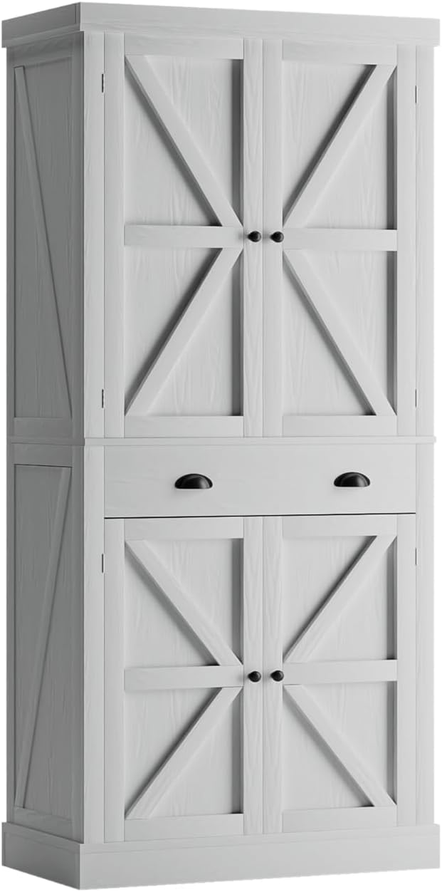 oneinmil Kitchen Pantry Storage Cabinet, 72 Freestanding Cupboard with Farmhouse Barn Doors, Adjustable Shelves & Large Drawer, Practical Sideboard, White