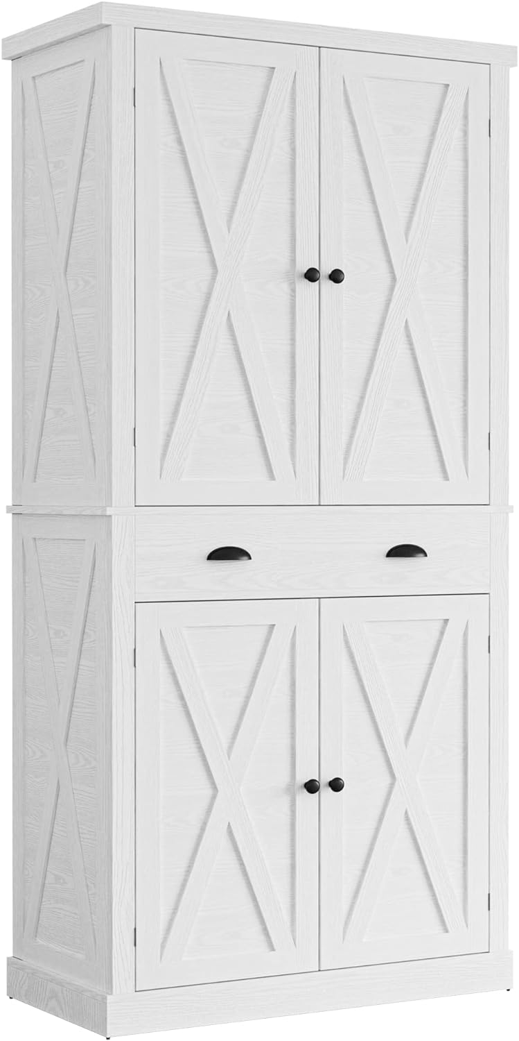 IRONCK Kitchen Pantry Storage Cabinet 72 Height, with Barn Doors, Drawer, 4 Adjustable Shelves, Freestanding Cupboard for Dining Room Living Room, Laundry, White