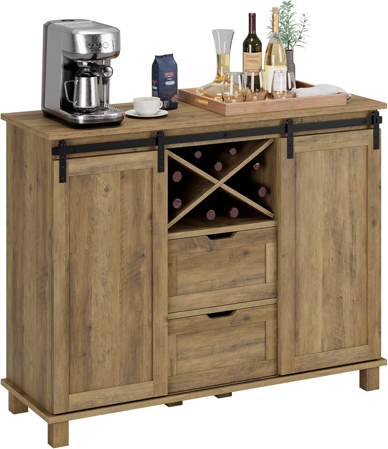 HOSTACK Farmhouse Buffet Sideboard, Coffee Bar Cabinet with Storage, Liquor Wine Cabinet with Sliding Barn Doors, Accent Cabinet for Kitchen, Home, Rustic Brown