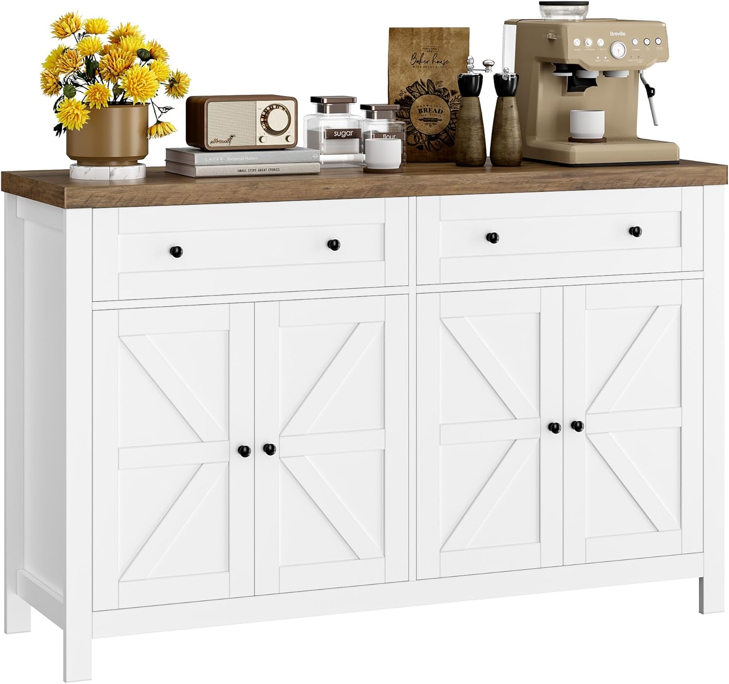 HOSTACK 55 Buffet Sideboard Cabinet with Storage, Modern Farmhouse Coffee Bar Cabinet with Drawers and Shelves, Barn Doors Storage Cabinet for Kitchen, Living Room, White