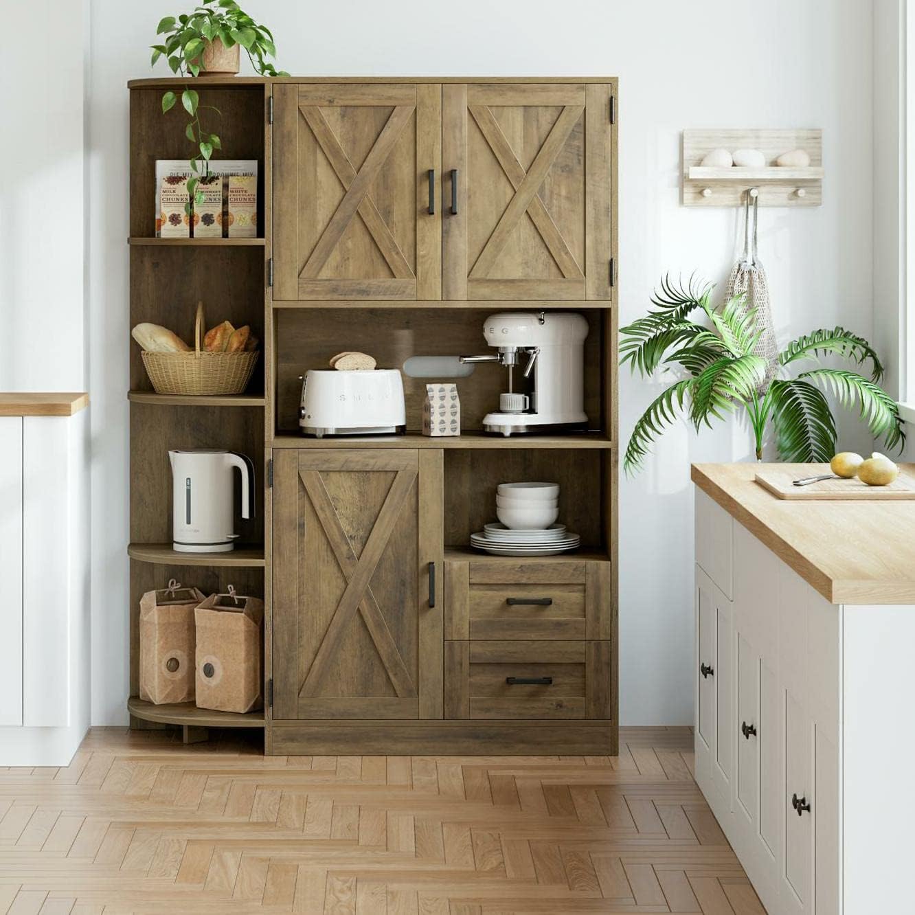 HOSTACK 60.4 Farmhouse Kitchen Pantry Storage Cabinet, Freestanding Hutch with Doors & Shelves, Buffet Sideboard with Microwave Stand, Coffee Bar with Drawers, Cupboard for Dining Room, Rustic Brown