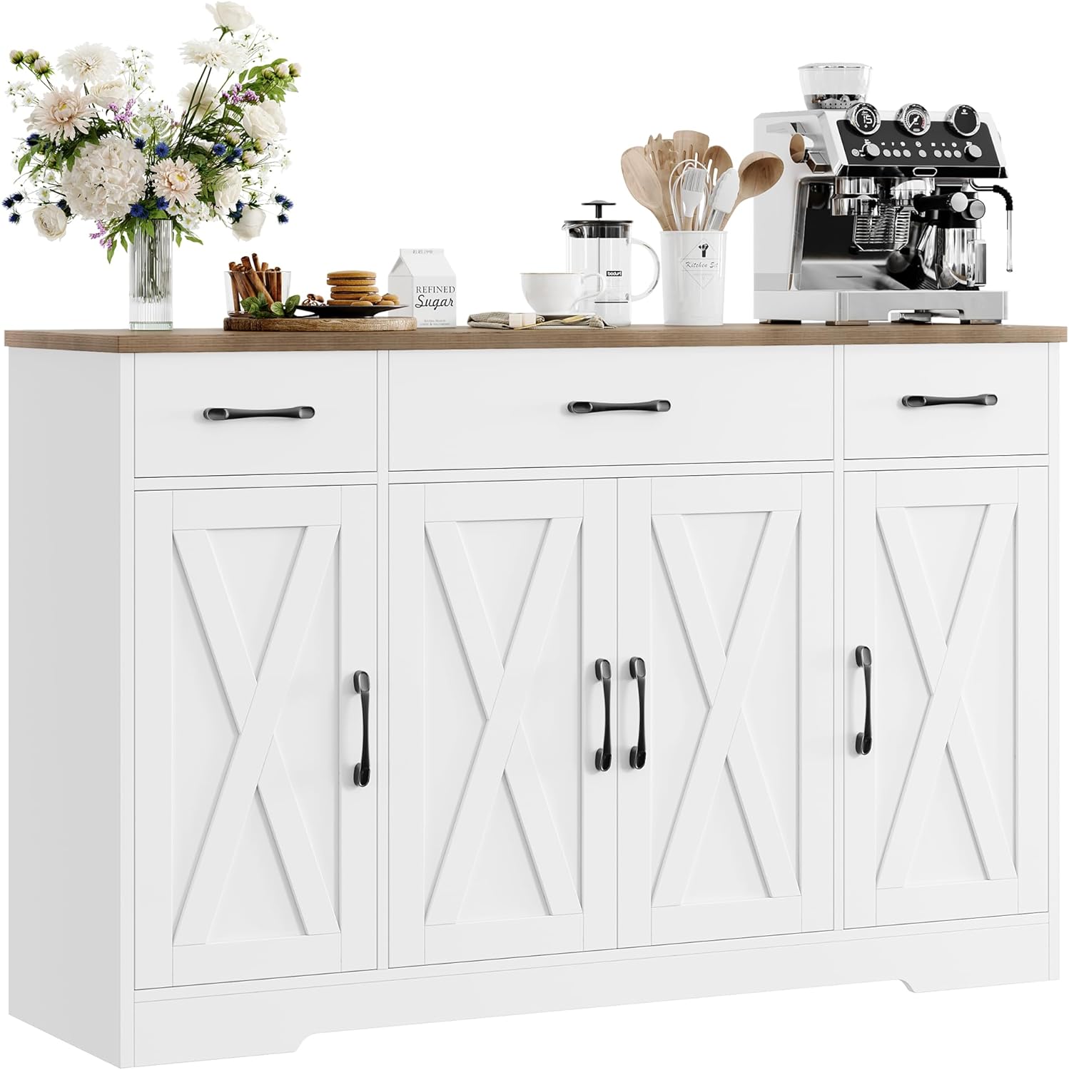 HOSTACK Buffet Cabinet with Drawers, 55 Large Sideboard Buffet Storage Cabinet with Shelves & 4 Doors, Modern Farmhouse Coffee Bar Cabinet Wood Buffet Table for Kitchen, Dining Room, White/Rustic