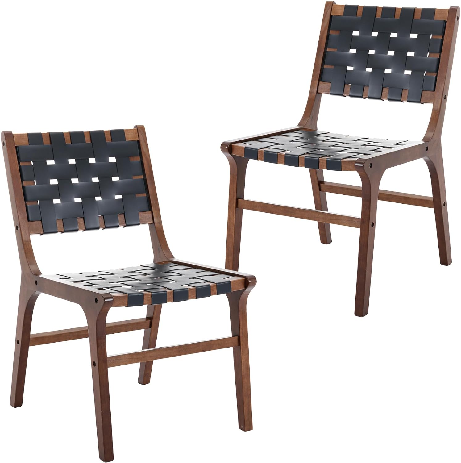 Woven Dining Chairs Set of 2 PU Leather Kitchen Chairs Farmhouse Side Chair with Faux Leather Straps, Wooden Accent Chair for Dining Room/Living Room/Bedroom/Restaurant, Black