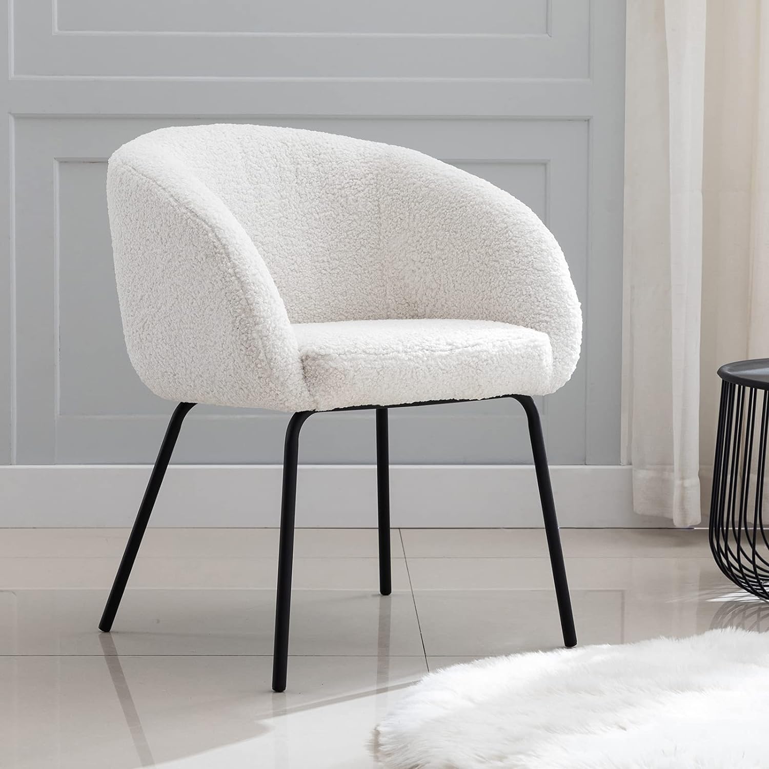 DUOMAY Modern Faux Fur White Barrel Dining Chair, Upholstered Accent Side Chair Makeup Vanity Chair with Back Living Room Leisure Chair with Black Metal Legs for Bedroom Dining Room