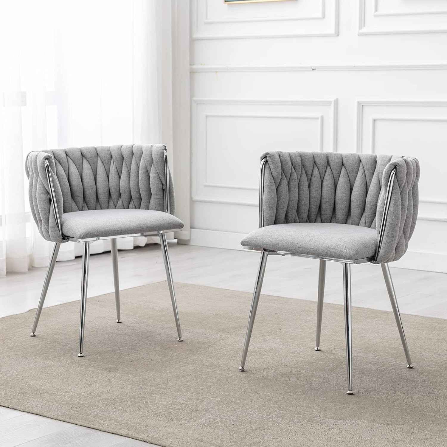 DUOMAY Modern Barrel Dining Chair Set of 2, Linen Upholstered Accent Side Chair Makeup Vanity Chair with Back Living Room Leisure Chair with Sliver Metal Legs for Dining Room Office, Grey