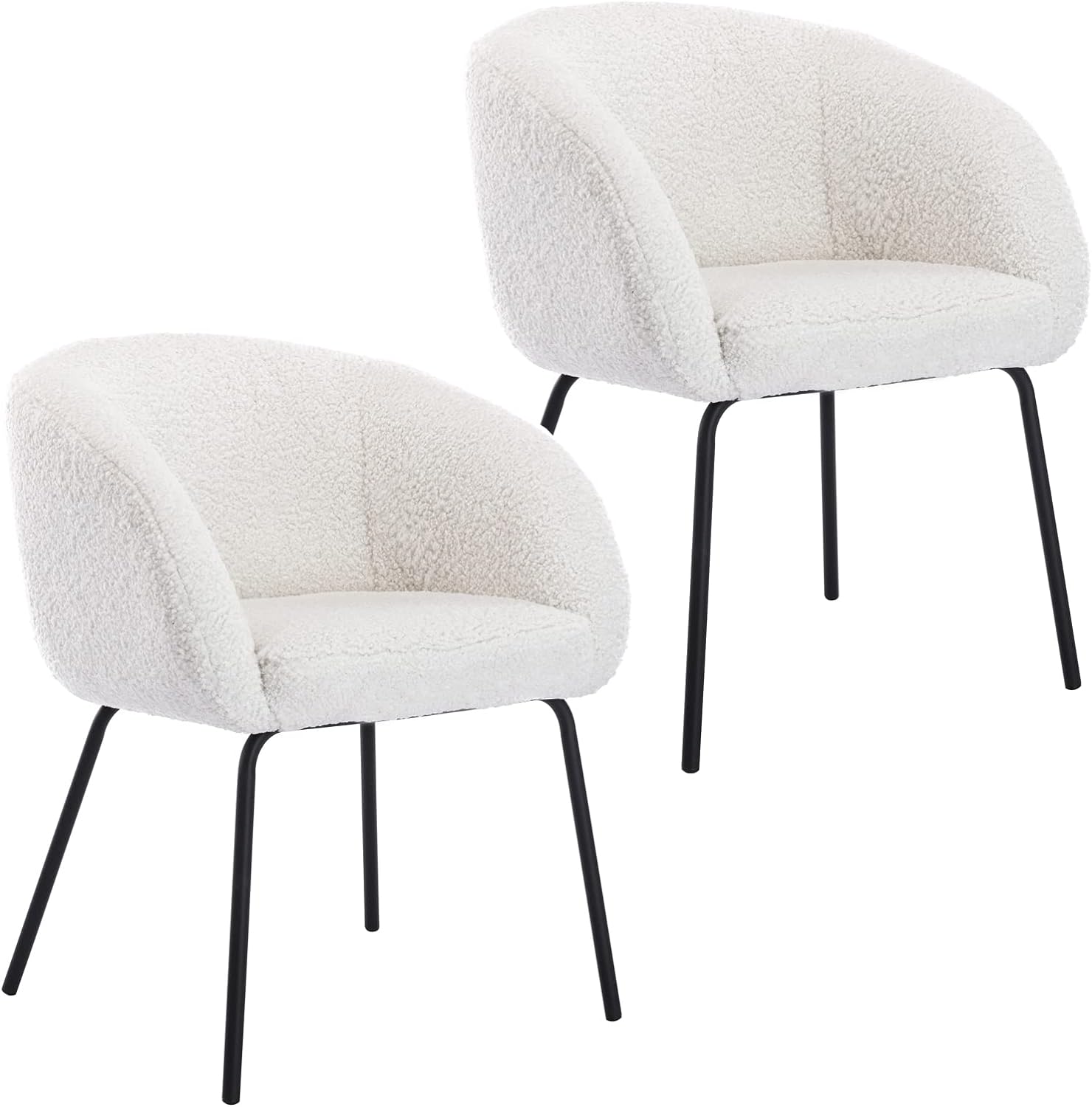 DUOMAY Modern Faux Fur Barrel Dining Chair Set of 2, Upholstered Accent Side Chair Makeup Vanity Chair with Back Living Room Leisure Chair with Black Metal Legs for Bedroom Dining Room, White