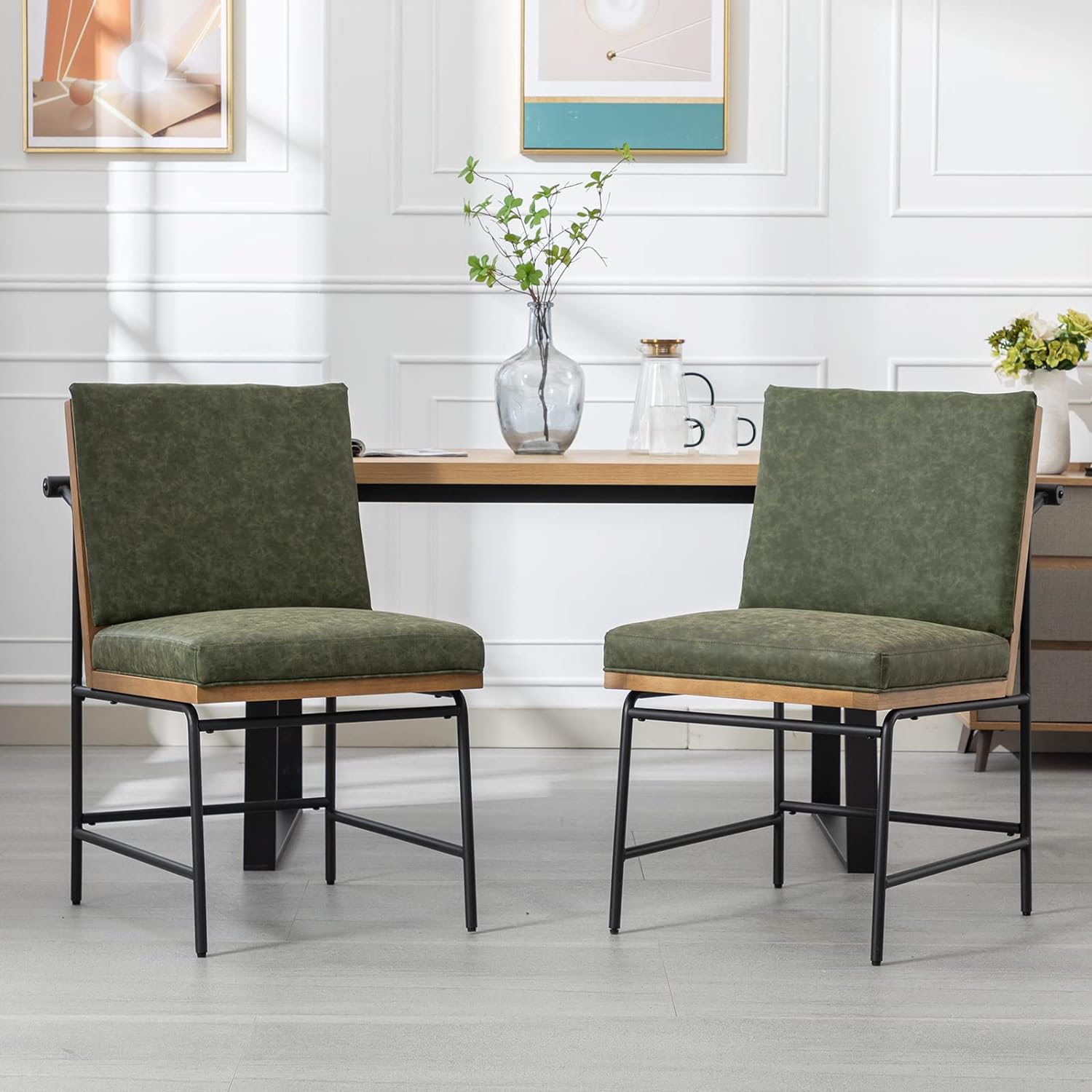 DUOMAY Mid-Century Modern Dining Chairs Set of 2, PU Leather Side Chair with Rear Handle, Armless Chair with Metal Legs for Kitchen Dining Room Living Room Vanity, Green