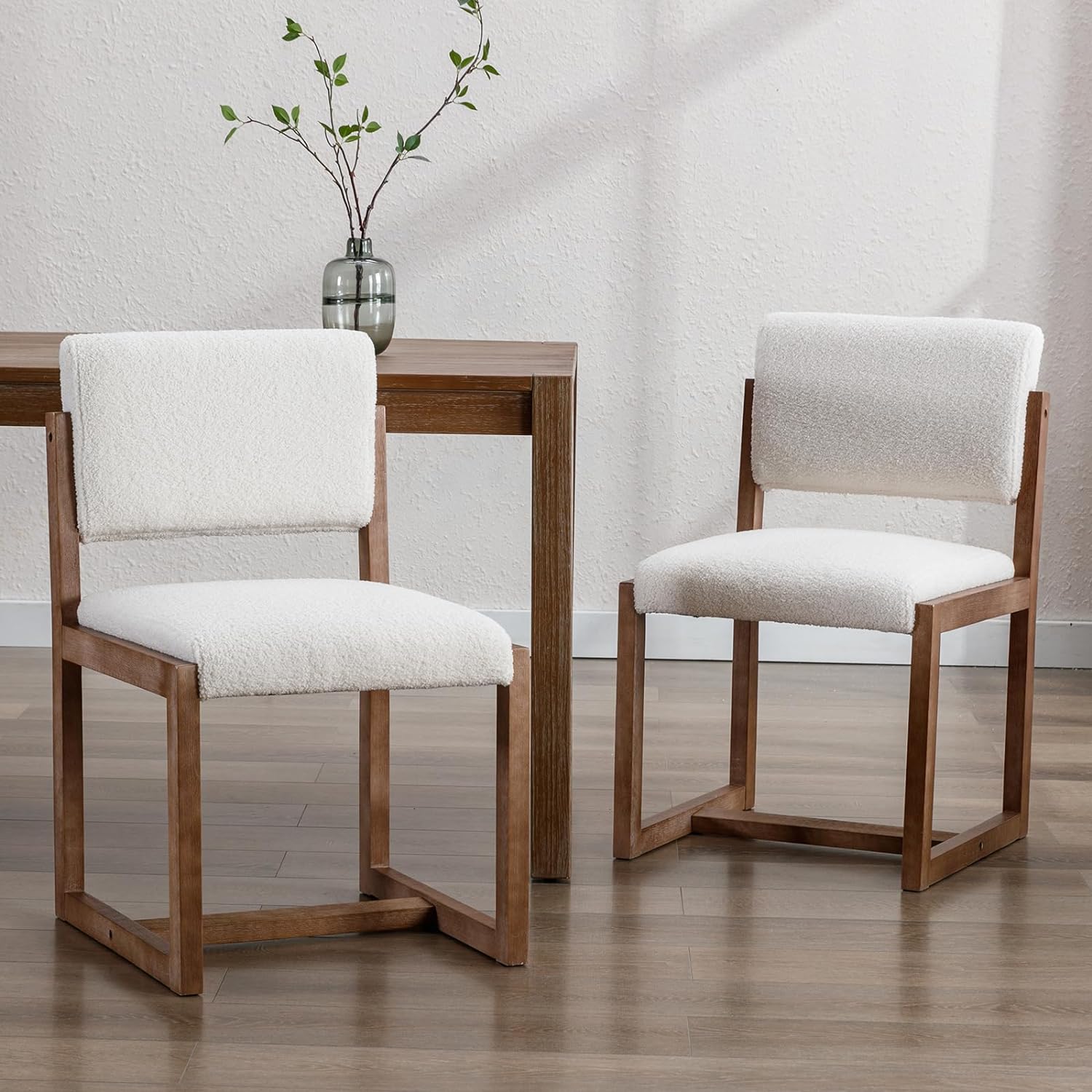 DUOMAY Modern Wooden Dining Chairs Set of 2, Sherpa Upholstered Side Dining Room Chair with Open Back, Armless Kitchen Chairs for Dining Room Restaurant, White