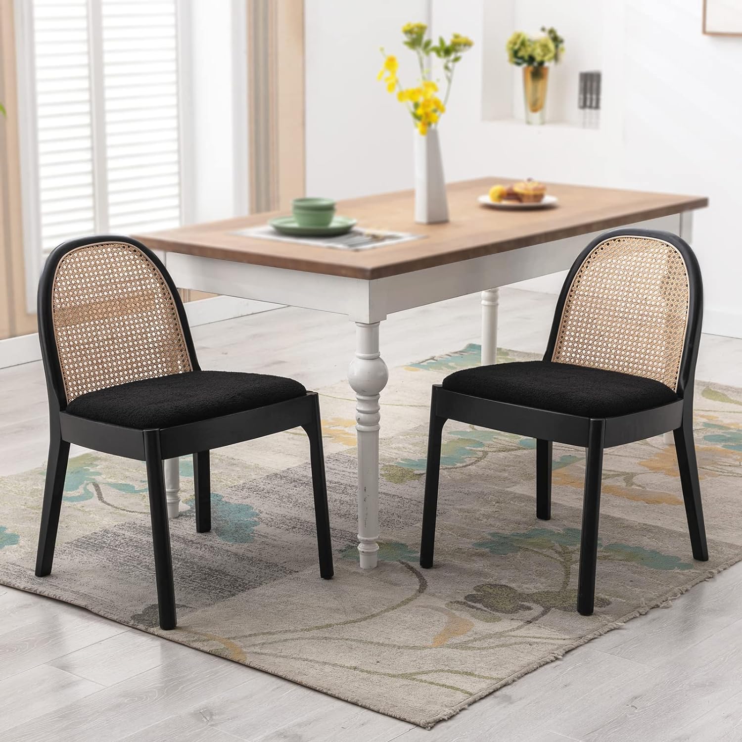 DUOMAY Modern Dining Chairs Set of 2, Sherpa Black Upholstered Kitchen Dining Room Chairs with Rattan Back, Accent Side Chairs with Solid Wood Legs for Living Room Restaurant