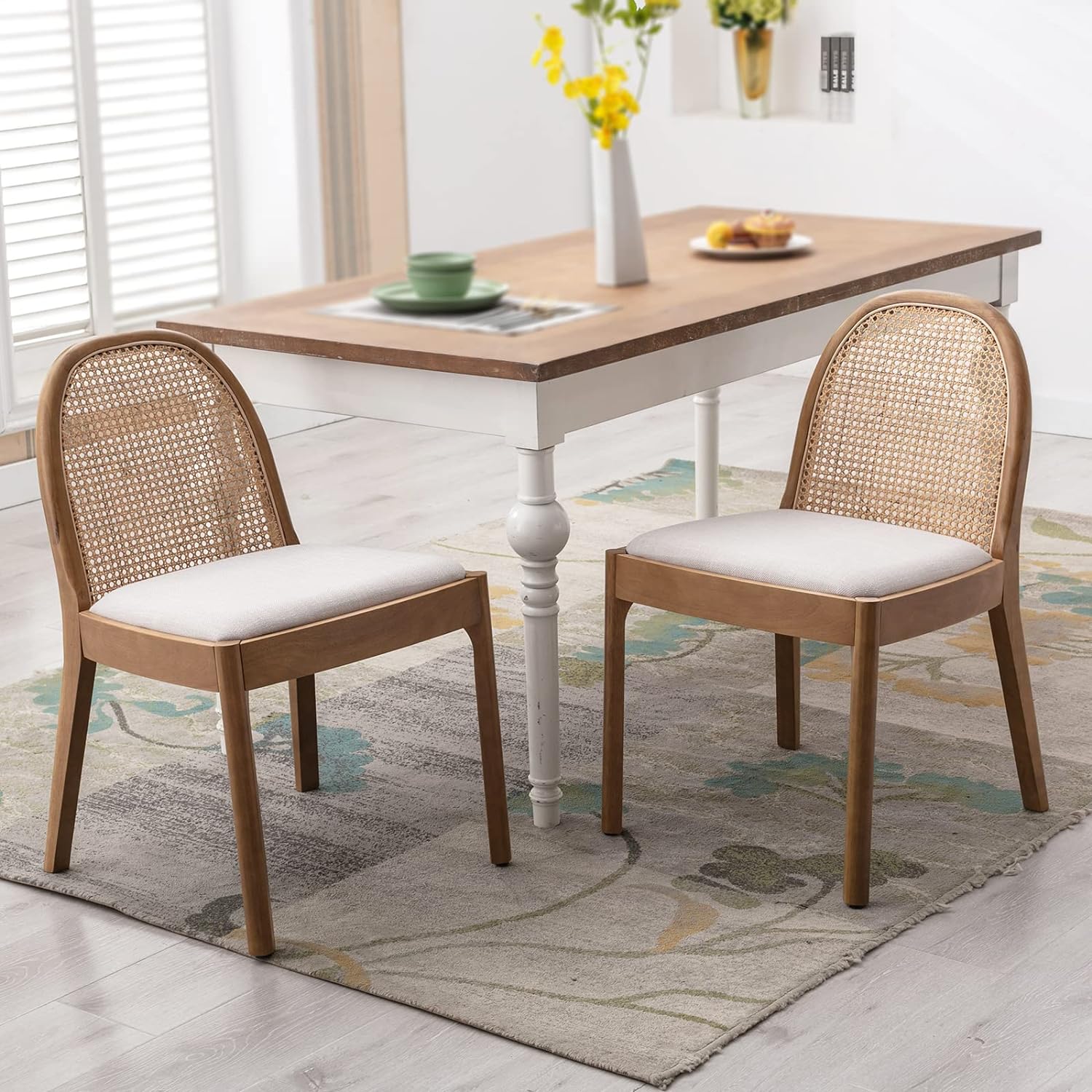 DUOMAY Modern Dining Chairs Set of 2, Linen Upholstered Kitchen Dining Room Chairs with Rattan Back, Accent Side Chairs with Solid Wood Legs for Living Room Restaurant, Beige