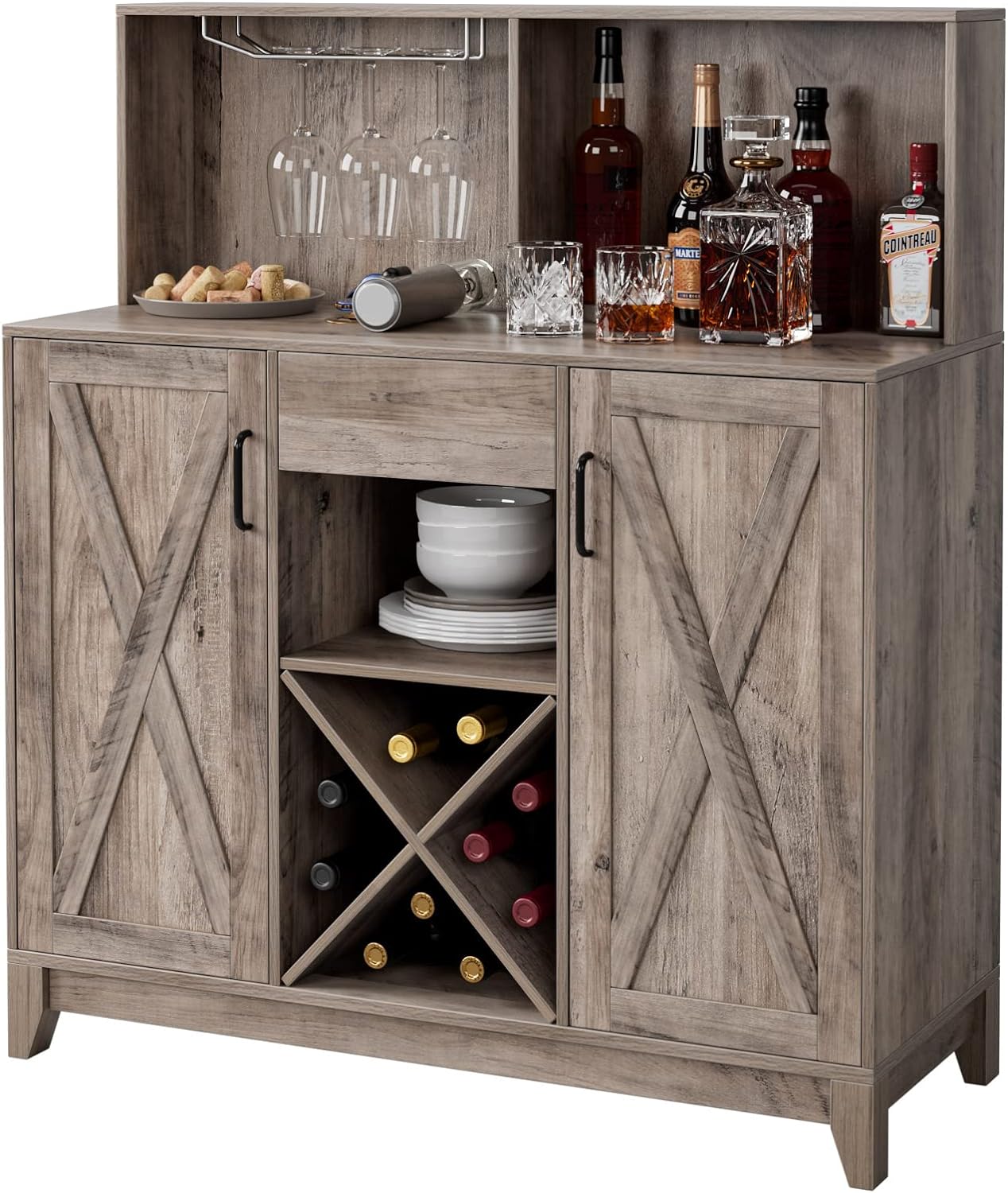 HOSTACK Farmhouse Coffee Bar Cabinet, Barn Doors Liquor Bar Cabinet with Storage, Wood Sideboard Buffet Kitchen Storage Cabinet with Shelves | GlassHolder for Home, Dining Room Furniture, Ash Grey