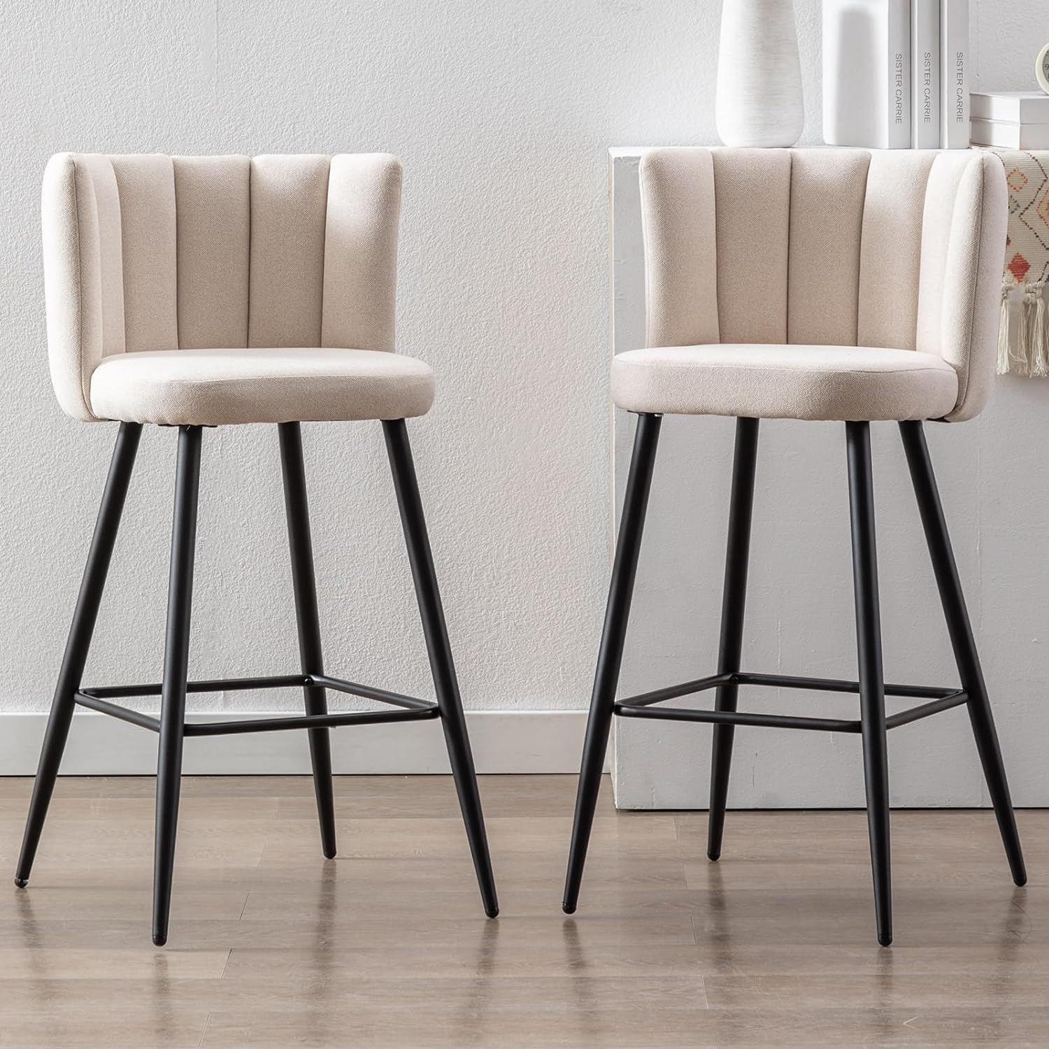 Bar Stools Set of 2, 30'' Modern Linen Fabric Upholstered Barstools with Black Metal Legs, Stool Chair for Kitchen Island, Home Bar, High Table, Pub, Linen White