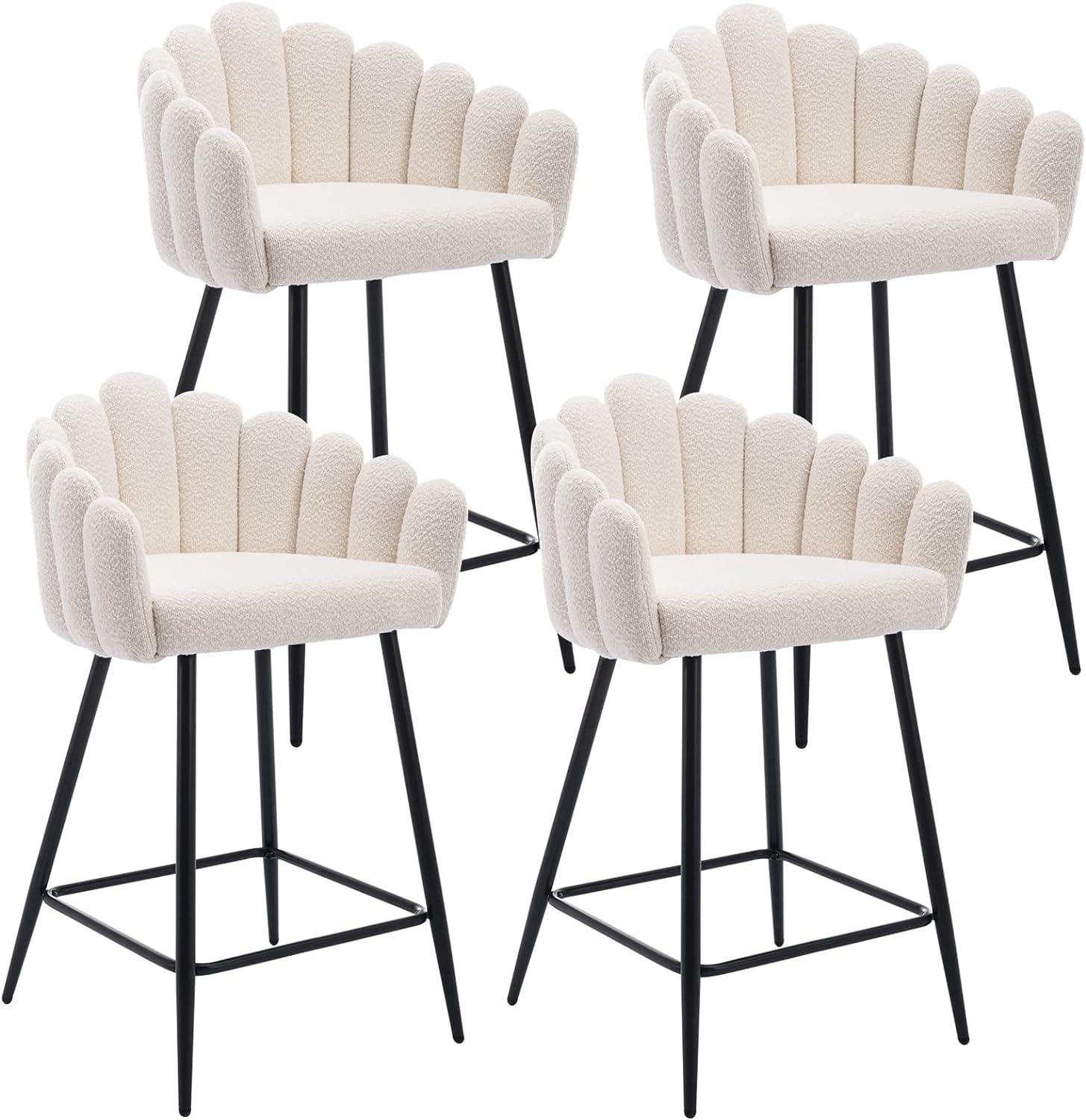 DUOMAY Modern Bar Stools Set of 4, 26 Counter Height Stools, Sherpa Upholstered Kitchen Island Barrel Chair with Black Metal Legs for Home Kitchen Bistro Coffee Shop Restaurants, White