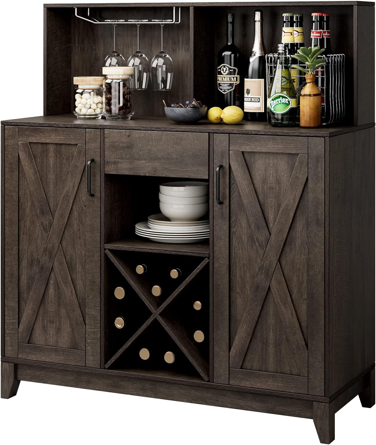 HOSTACK Farmhouse Coffee Bar Cabinet, Barn Doors Liquor Bar Cabinet with Storage, Wood Sideboard Buffet Kitchen Storage Cabinet with Shelves | GlassHolder for Home, Dining Room Furniture, Ash Grey