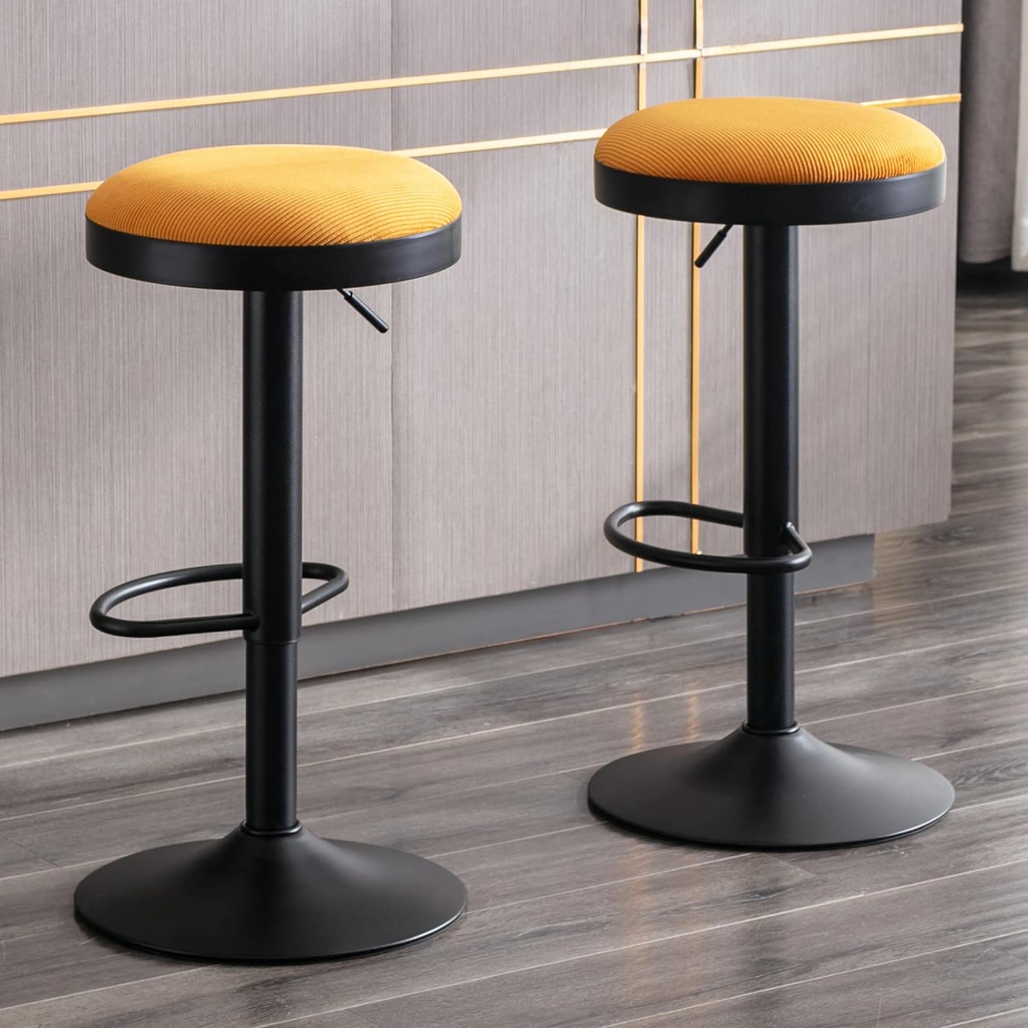 DUOMAY Swivel Bar Stools Set of 2, Modern Industrial Adjustable Counter Height Barstools, Kitchen Island Bar Chair with Black Metal Base for Dining Room Bar Coffee Shop, Yellow