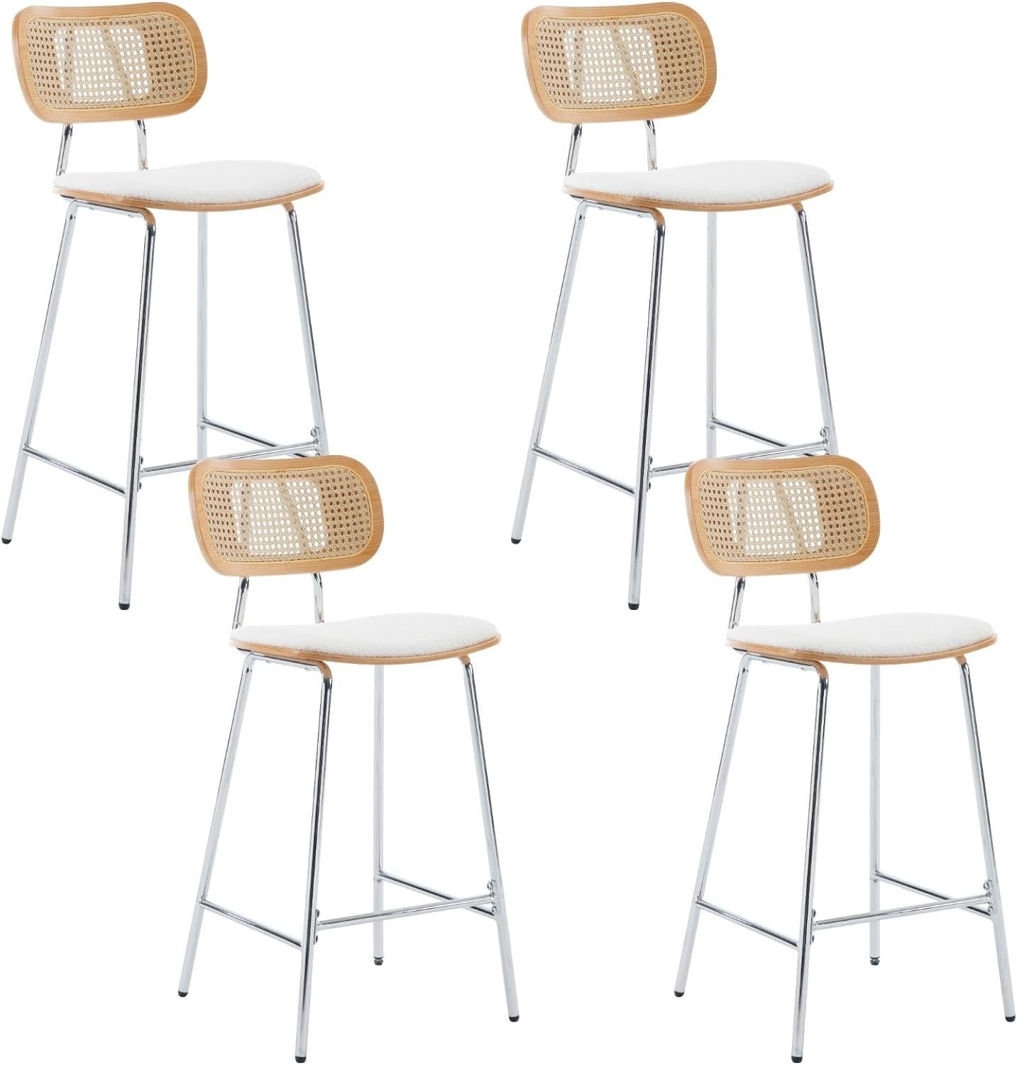 DUOMAY Modern Bar Stools Set of 4, 26 Counter Height Barstools with Rattan Back, Sherpa Upholstered Kitchen Island Chair with Silver Metal Legs for Home Bar Coffee Shop, White