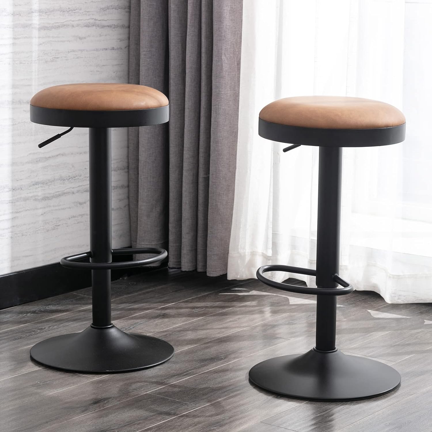 DUOMAY Swivel Bar Stools Set of 2, Modern Industrial PU Leather Adjustable Counter Height Barstools, Kitchen Island Bar Chair with Black Metal Base for Dining Room Bar Coffee Shop, Brown