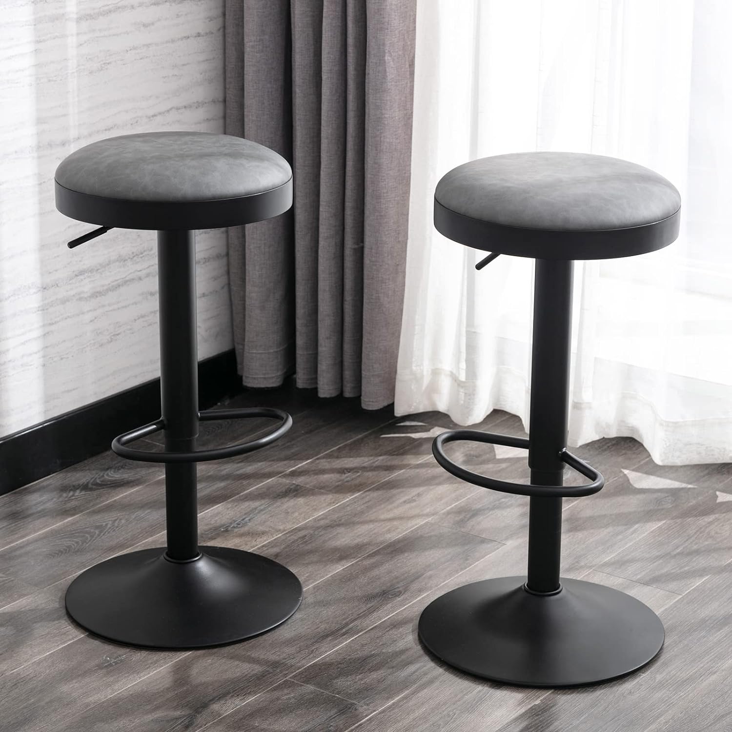 DUOMAY Swivel Bar Stools Set of 2, Modern Industrial PU Leather Adjustable Counter Height Barstools, Kitchen Island Bar Chair with Black Metal Base for Dining Room Bar Coffee Shop, Grey