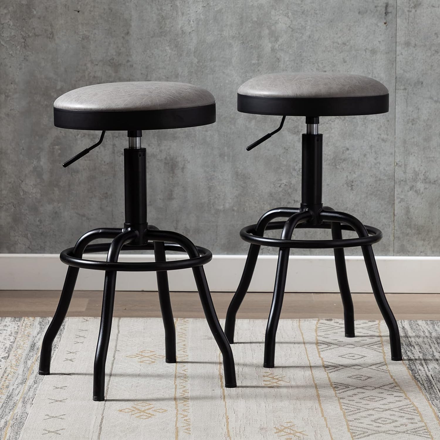 Industrial Round Swivel Bar Stools Set of 2, Rustic Adjustable Counter Height Stools with Metal Finish, PU Leather Seat Cafe Kitchen Dining Stool, Extra Tall Pub Height 25-28.9 Inch, Grey