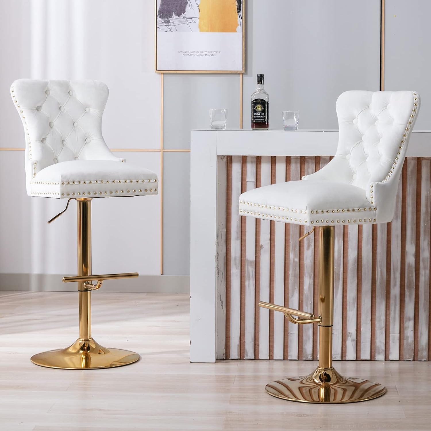 DUOMAY Swivel Bar Stools Set of 2, Modern Velvet Adjustable Counter Height Bar Stool with Back, Armless Kitchen Island Bar Chair, Ergonomic Barstools with Golden Base, White