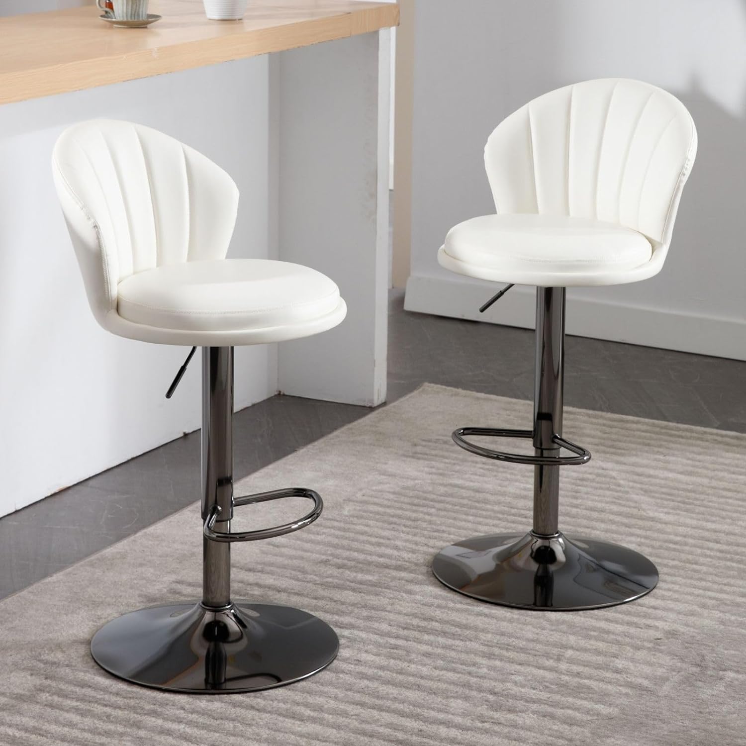 DUOMAY Modern Swivel Bar Stools Set of 2, PU Leather Adjustable Height Barstool with Shell Back Kitchen Island Counter Bar Chair with Gunmetal Base, White