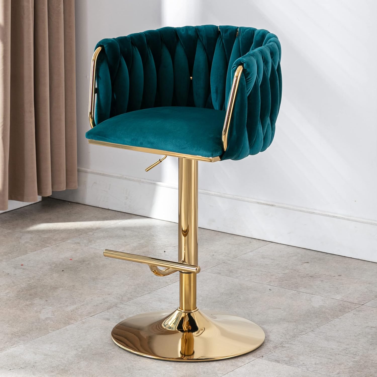 DUOMAY Modern Swivel Bar Stool Set of 1, Velvet Adjustable Height Barstool with Barrel Back Kitchen Island Counter Bar Chair with Golden Base, Teal Green