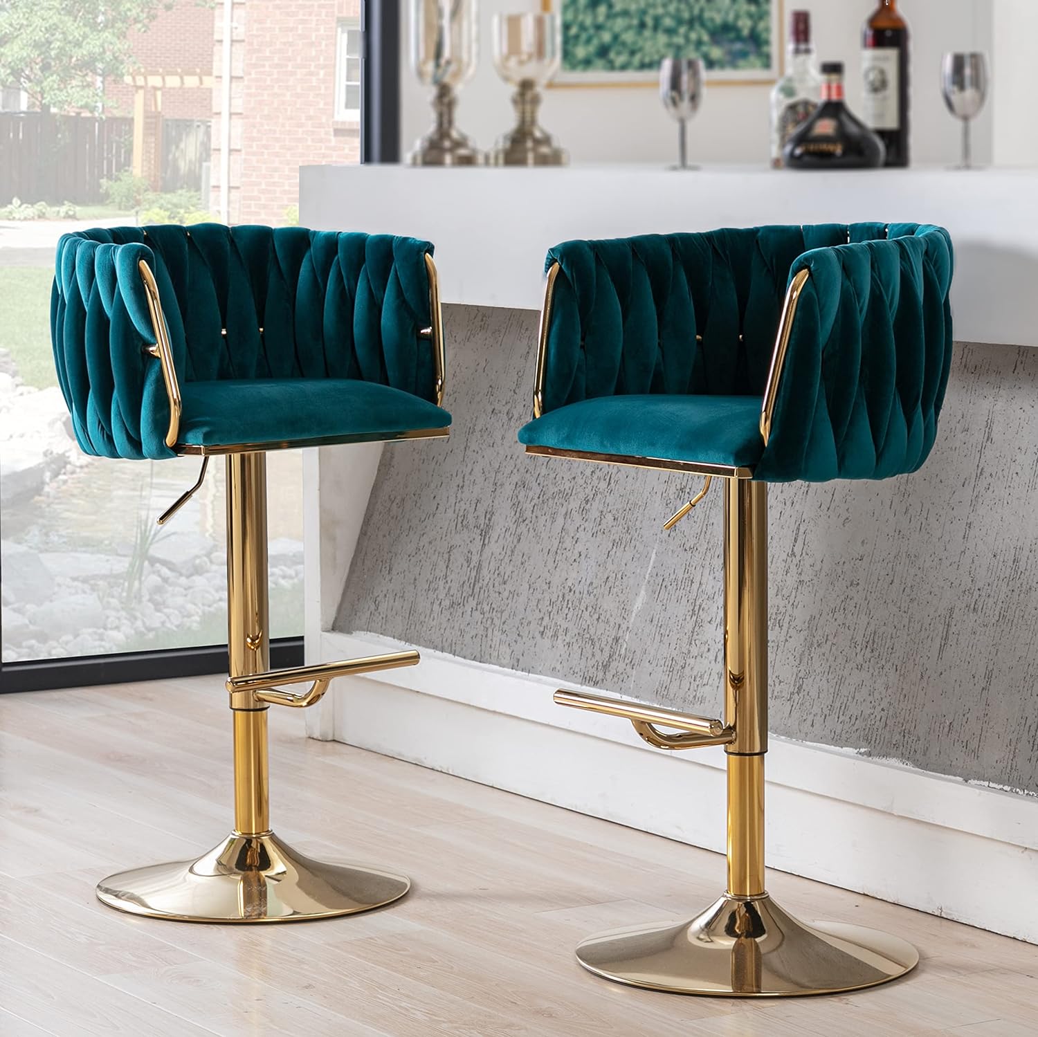 DUOMAY Modern Swivel Bar Stools Set of 2, Velvet Adjustable Height Barstool with Barrel Back Kitchen Island Counter Bar Chair with Golden Base, Teal Green