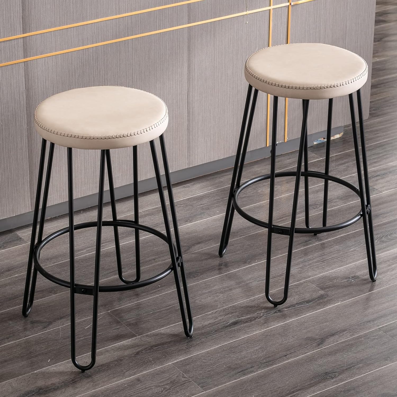 DUOMAY Modern Industrial PU Bar Stools Set of 2, 26 Inch Counter Height Stools with Black Metal Legs, Backless Barstools for Pub Kitchen Counter, Bistro Coffee Shop, Restaurants, Beige