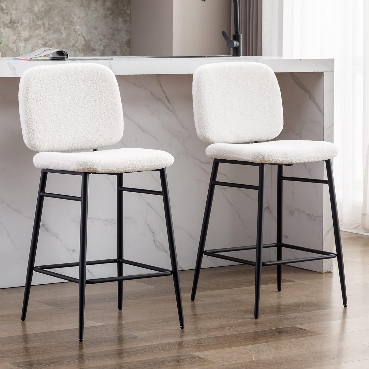 DUOMAY Mid Century Modern Bar Stools Set of 2, 26 Counter Height Barstools with Back, White Sherpa Armless Kitchen Island Chair with Metal Legs for Dining Room Bar Coffee Shop