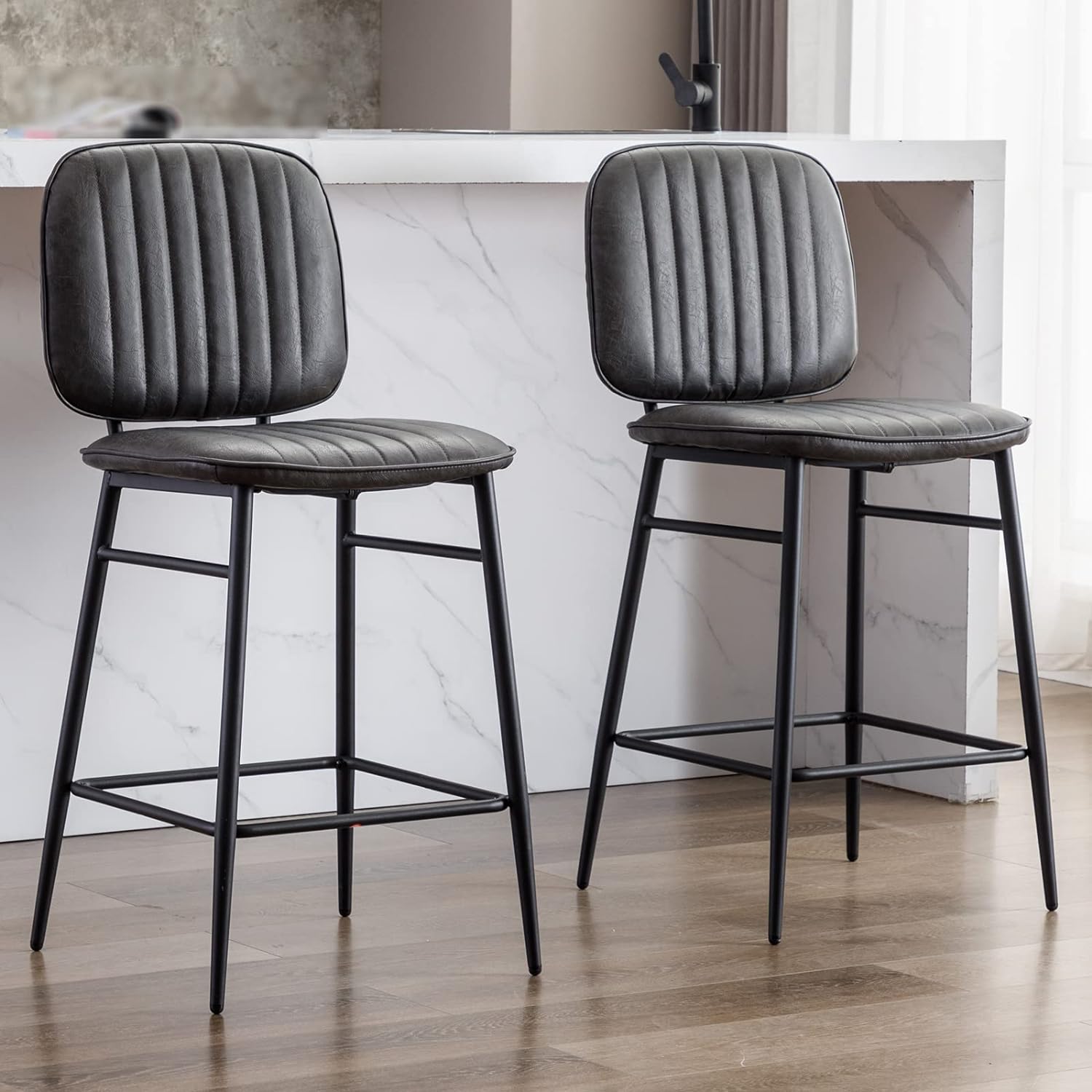 DUOMAY Mid Century Modern Bar Stools Set of 2, 26 Counter Height Barstools with Back, PU Leather Armless Kitchen Island Chair with Metal Legs for Dining Room Bar Coffee Shop, Grey