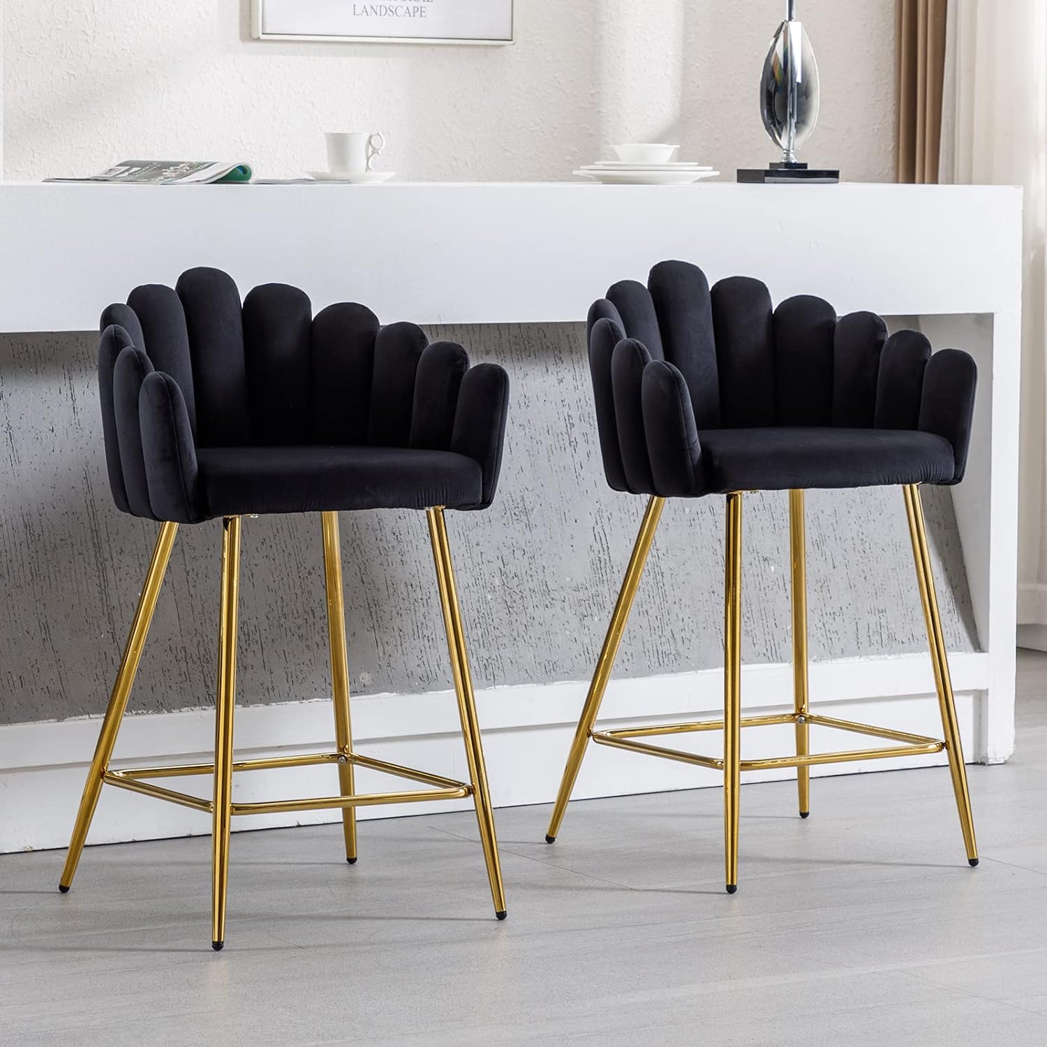 DUOMAY Modern Bar Stools Set of 2, 26 Counter Height Stools, Velvet Upholstered Kitchen Island Barrel Chair with Gold Metal Legs for Home Kitchen Bistro Coffee Shop Restaurants, Black